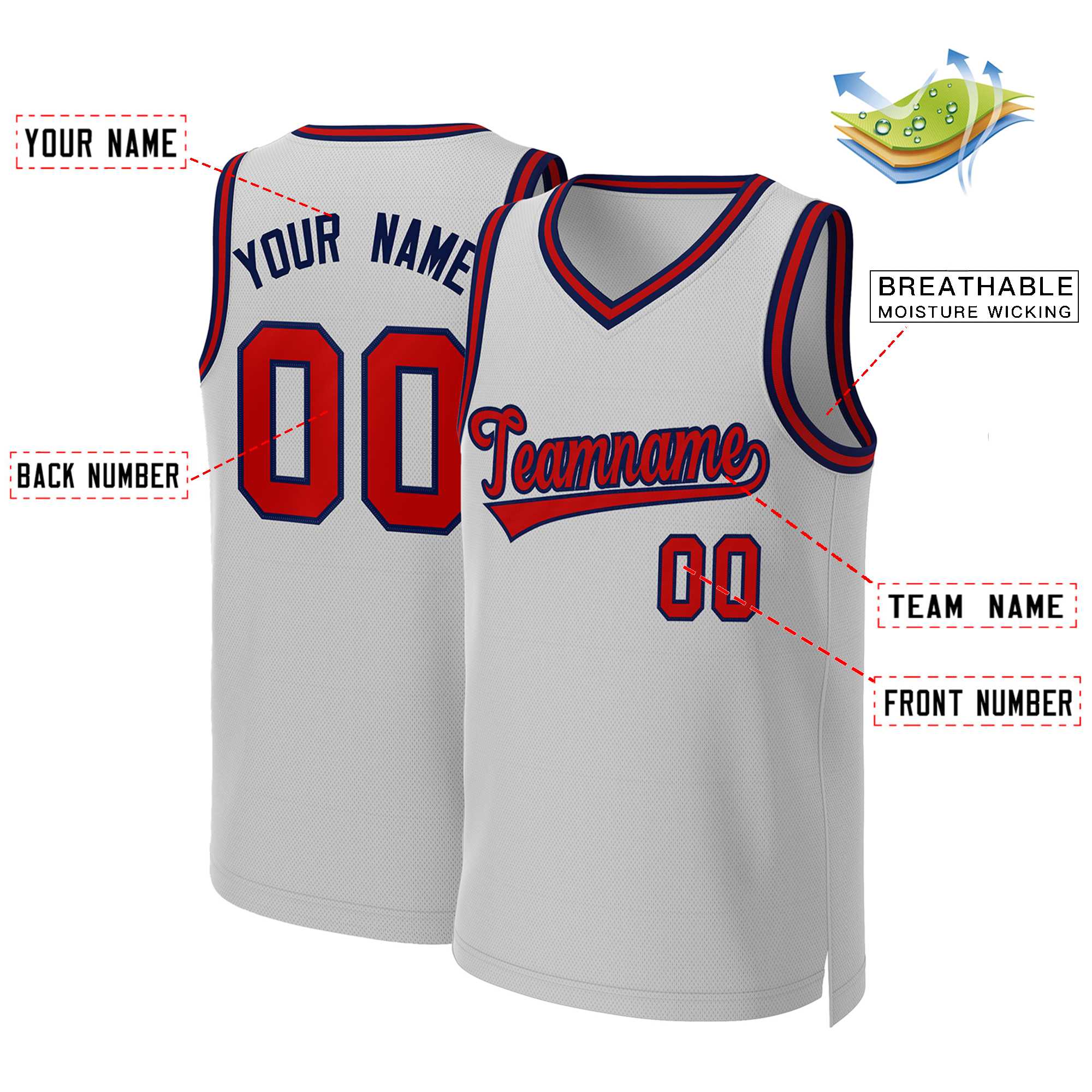 Custom Gray Red-Navy Classic Tops Basketball Jersey - Image 2