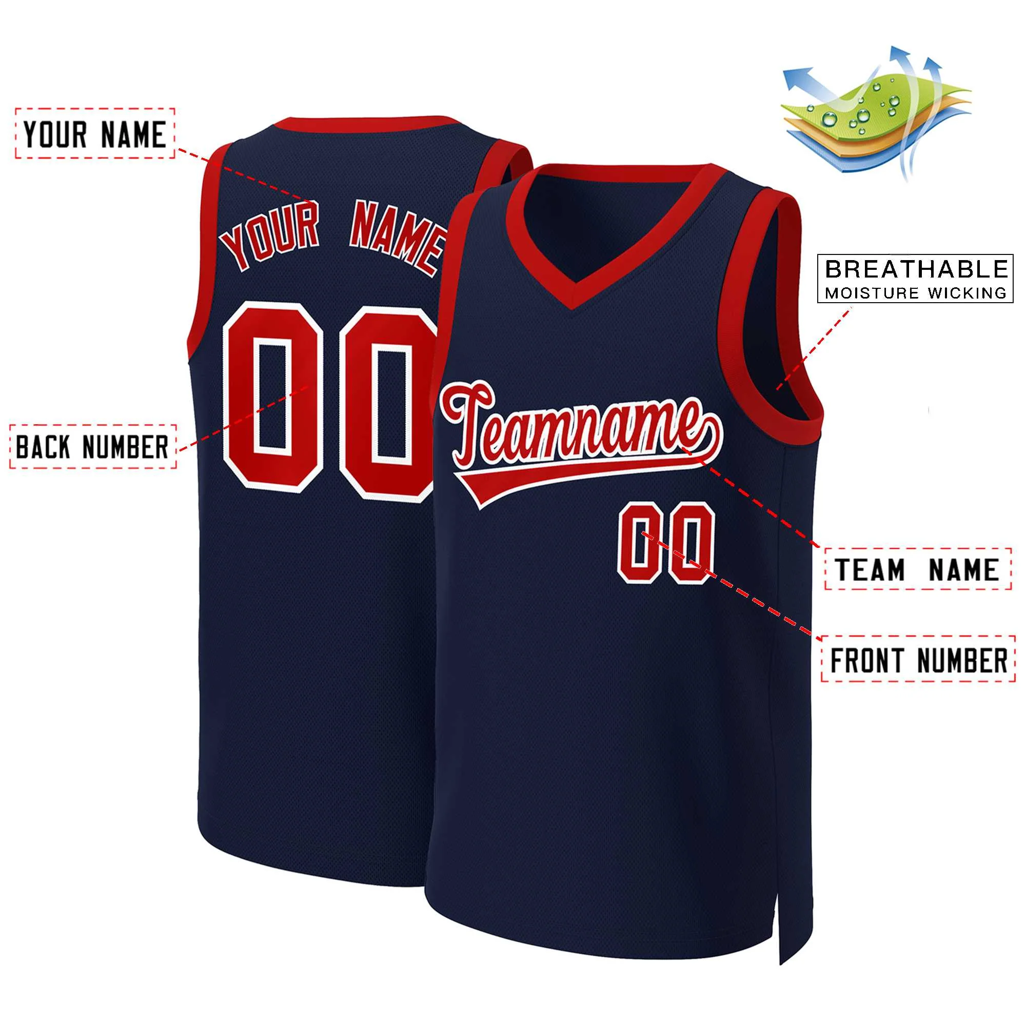 Custom Navy Red-White Classic Tops Basketball Jersey - Image 2