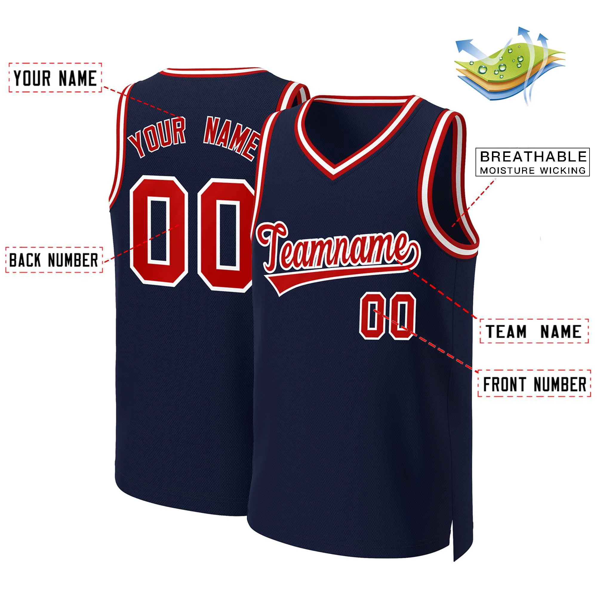 Custom Navy Red-White Classic Tops Basketball Jersey - Image 2