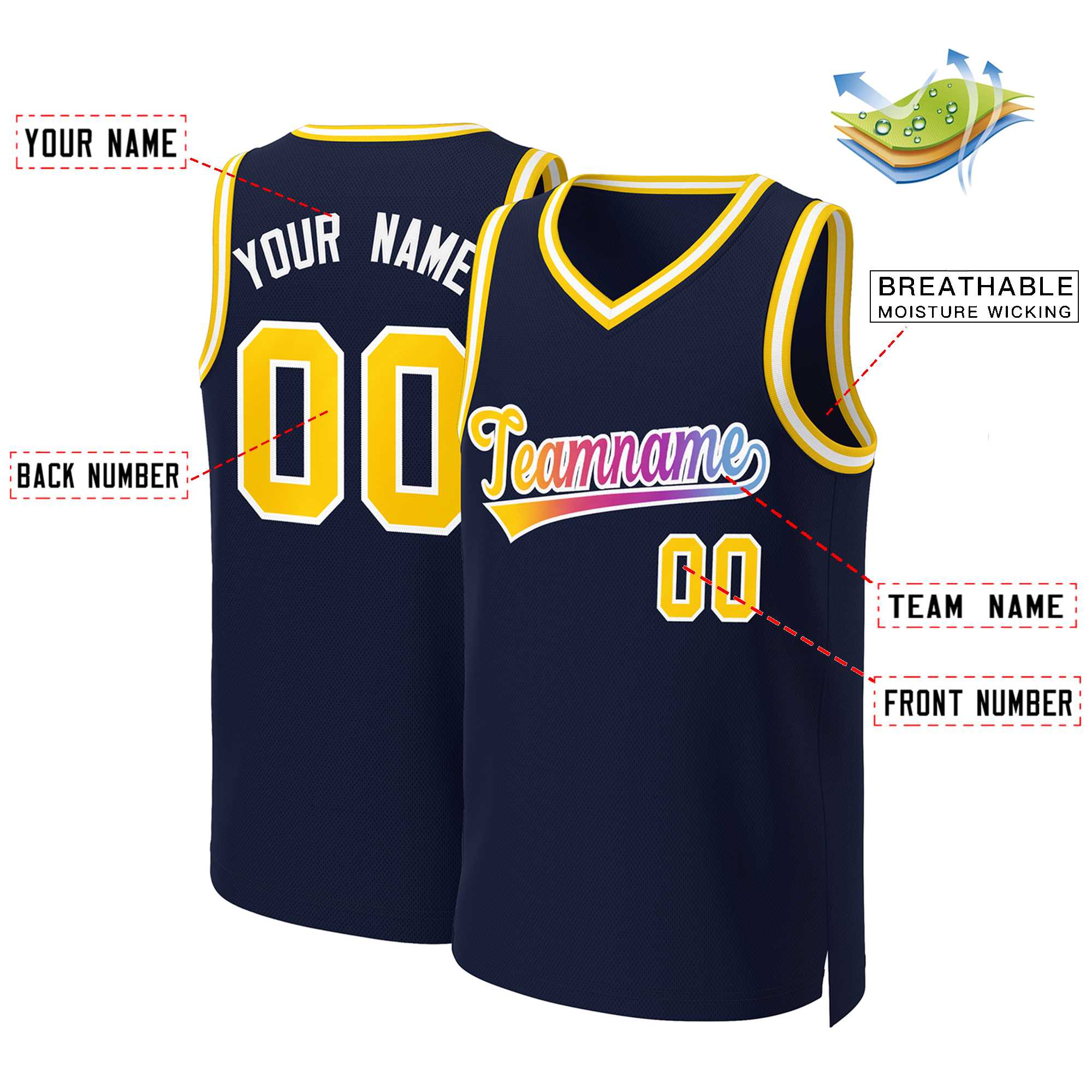 Custom Navy Yellow-White Classic Gradient Fashion Tops Basketball Jersey - Image 2