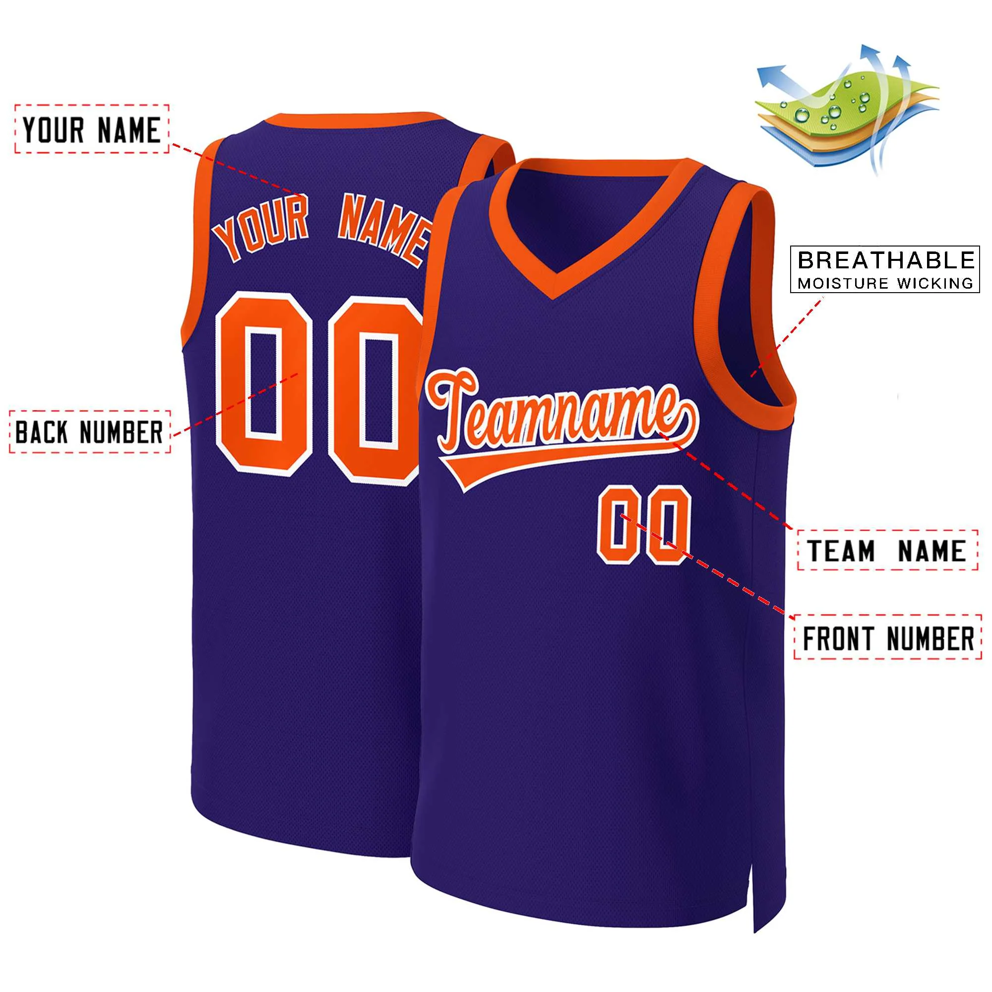 Custom Purple Orange-White Classic Tops Basketball Jersey - Image 2