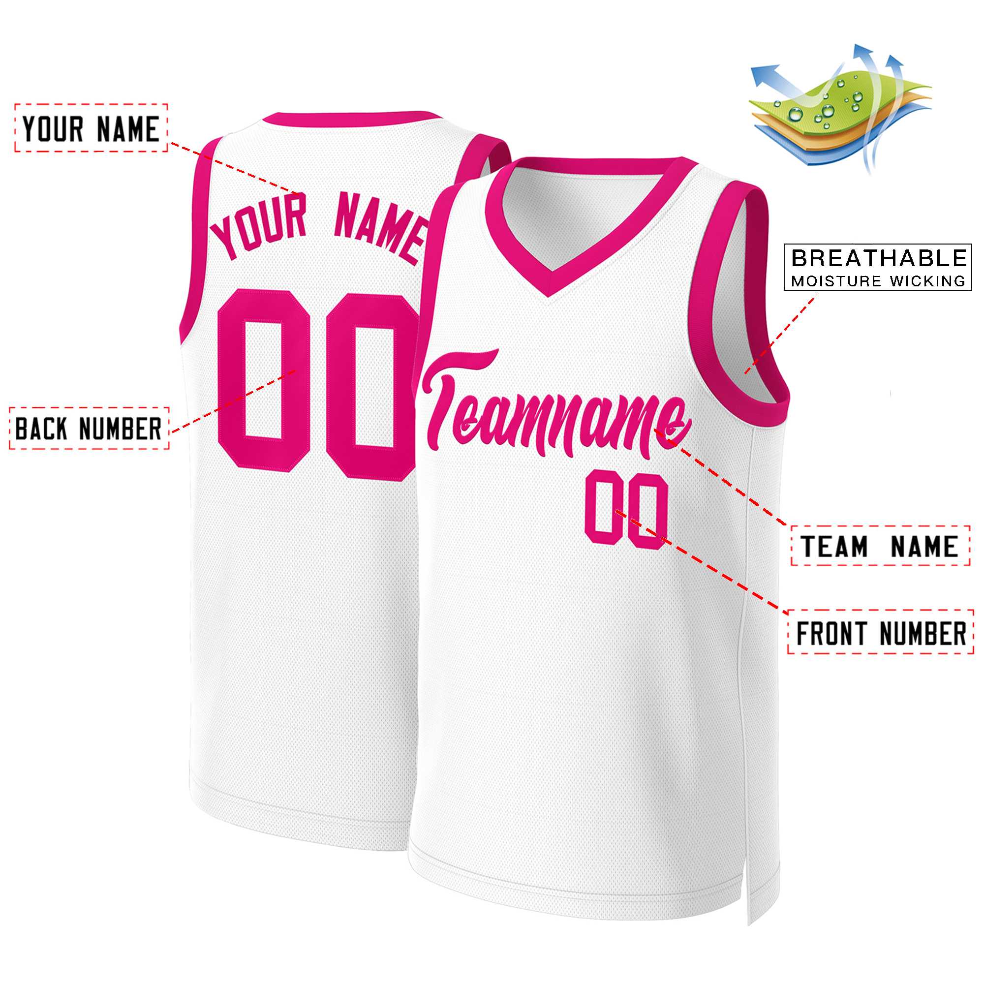 Custom White Pink Classic Tops Basketball Jersey - Image 2