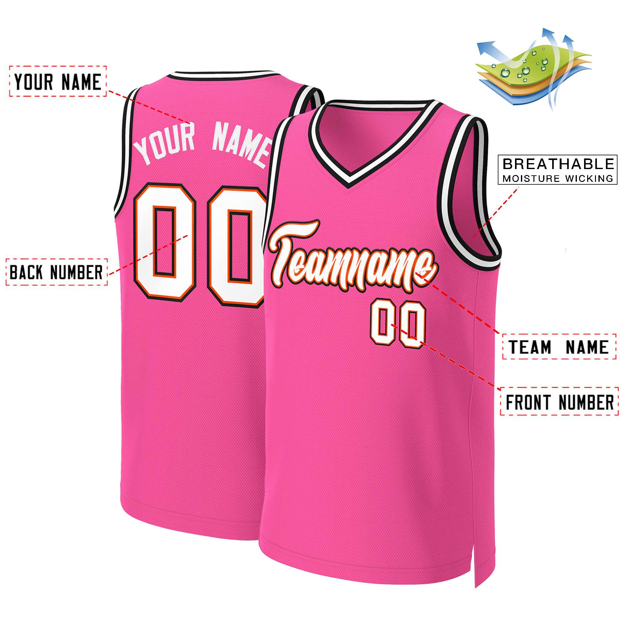 Custom Pink White-Orange Classic Tops Basketball Jersey - Image 2
