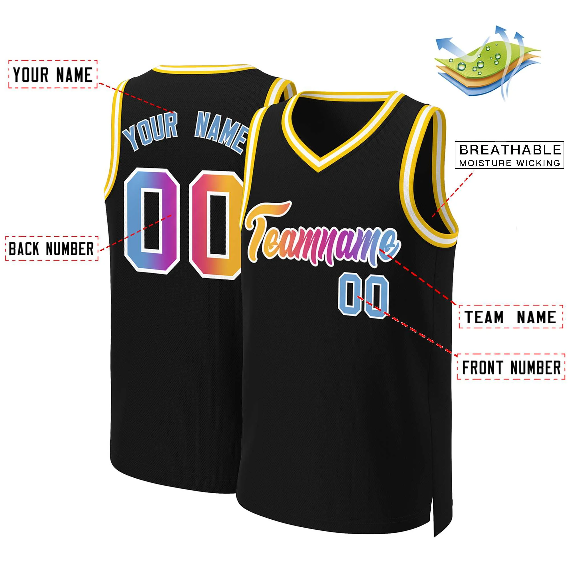 Custom Black Yellow-White Classic Gradient Fashion Tops Basketball Jersey - Image 2