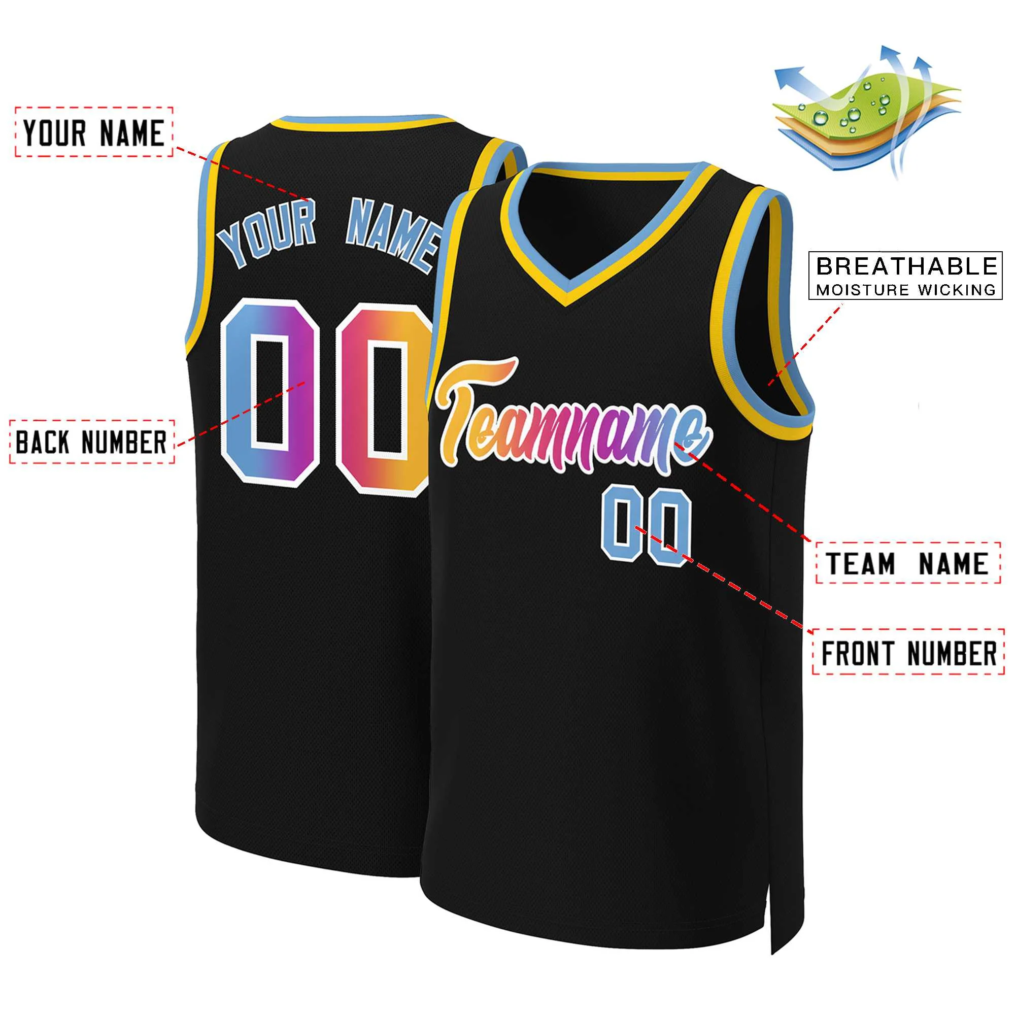Custom Black Yellow-White Classic Gradient Fashion Tops Basketball Jersey - Image 2