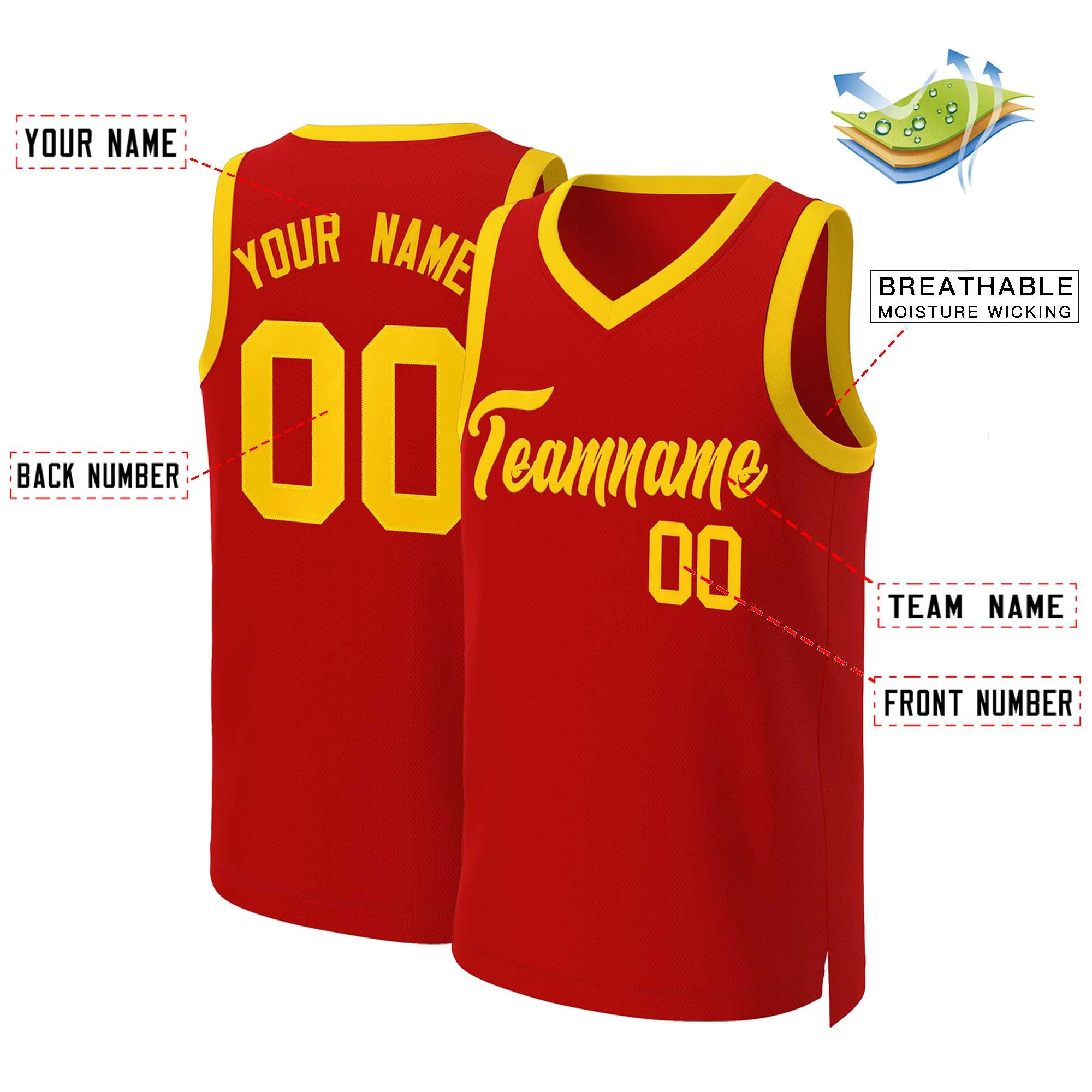 Custom Red Yellow Classic Tops Basketball Jersey - Image 2