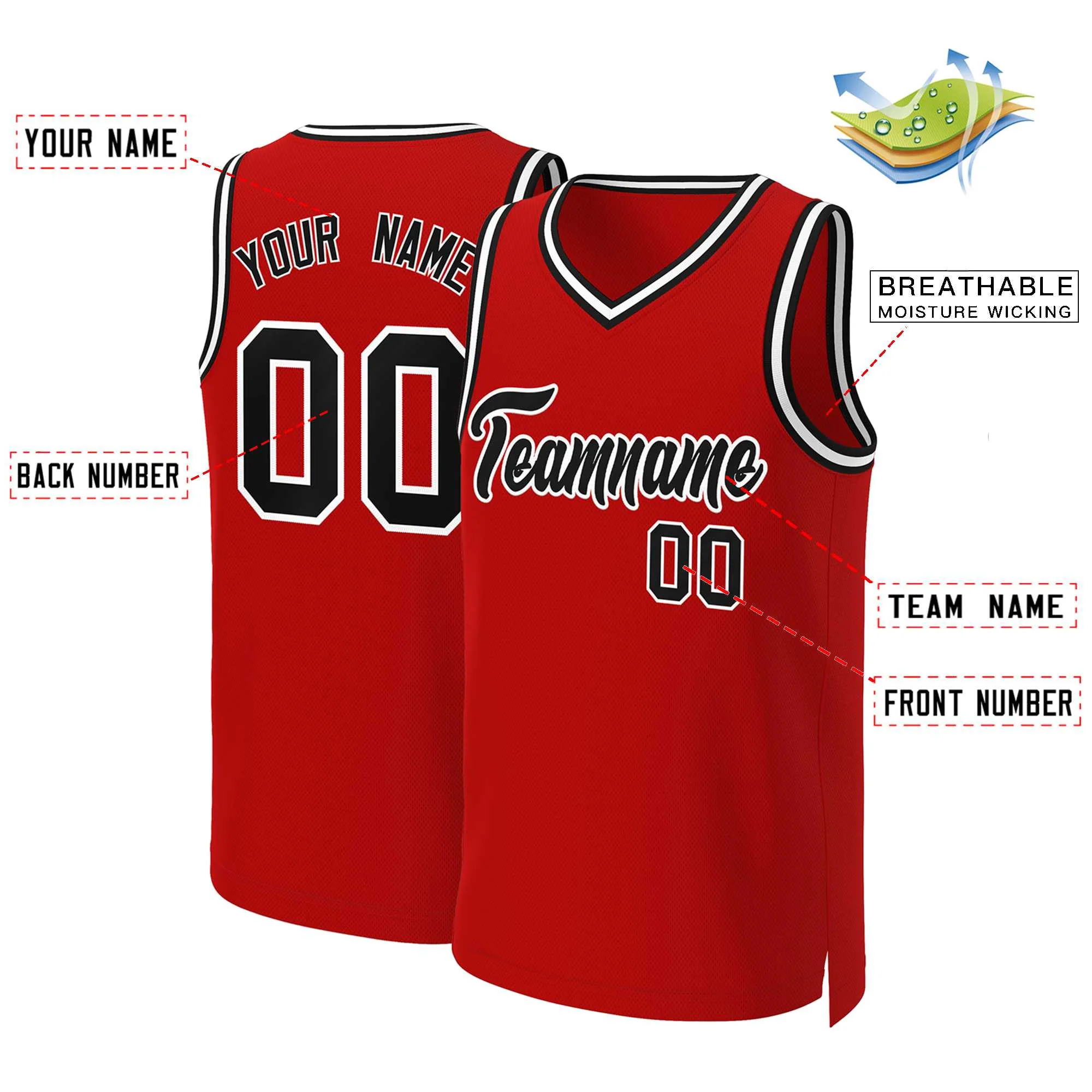 Custom Red Black-White Classic Tops Basketball Jersey - Image 2