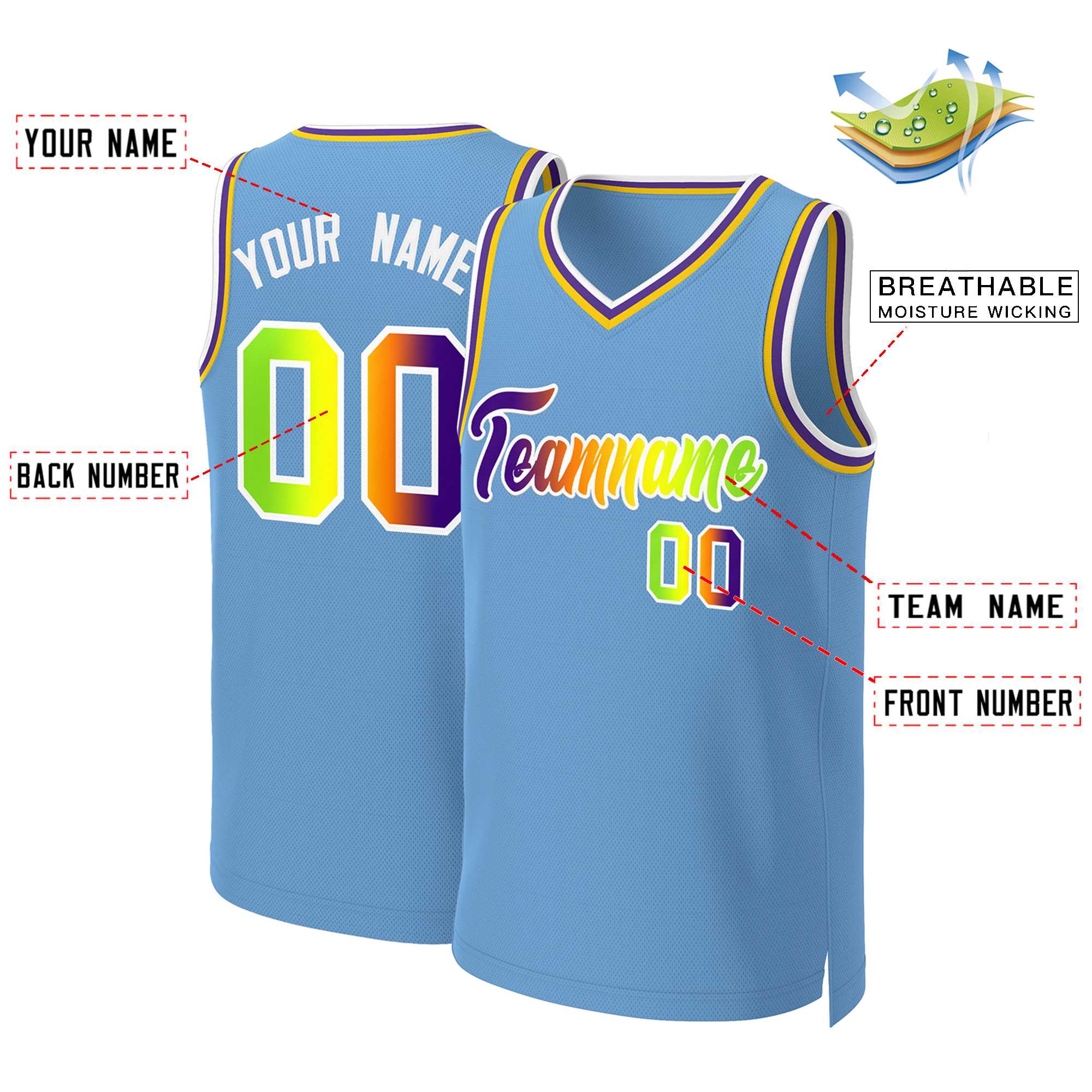 Custom Light Blue Purple-White Classic Gradient Fashion Tops Basketball Jersey - Image 2