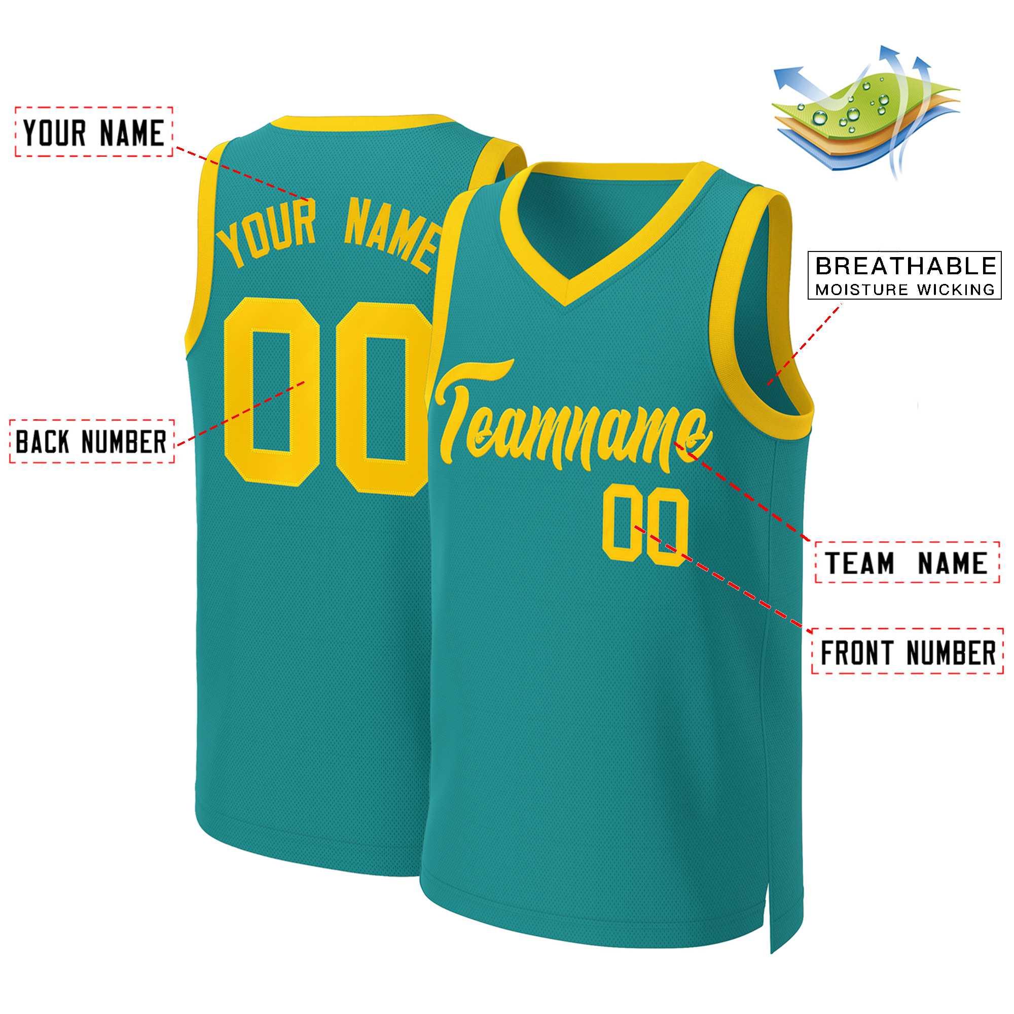 Custom Teal Yellow Classic Tops Basketball Jersey - Image 2