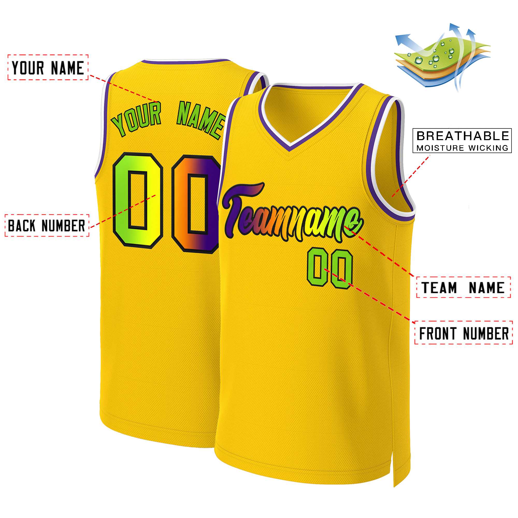 Custom Yellow Purple-Black Classic Gradient Fashion Tops Basketball Jersey - Image 2