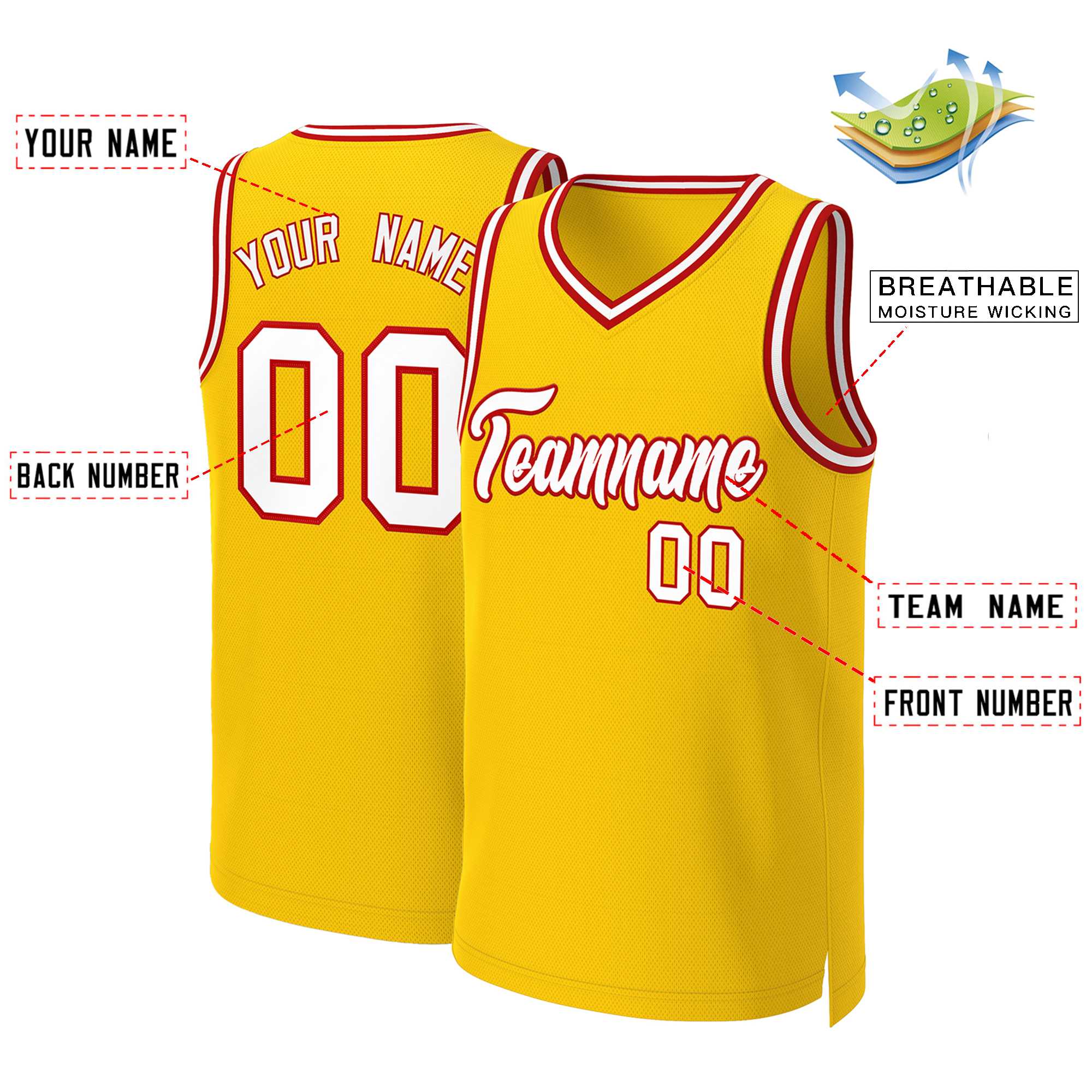 Custom Yellow White-Red Classic Tops Basketball Jersey - Image 2