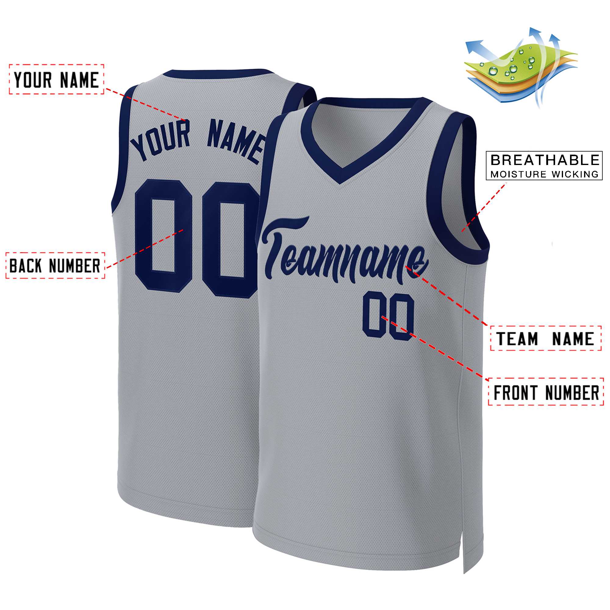 Custom Gray Navy Classic Tops Basketball Jersey - Image 2