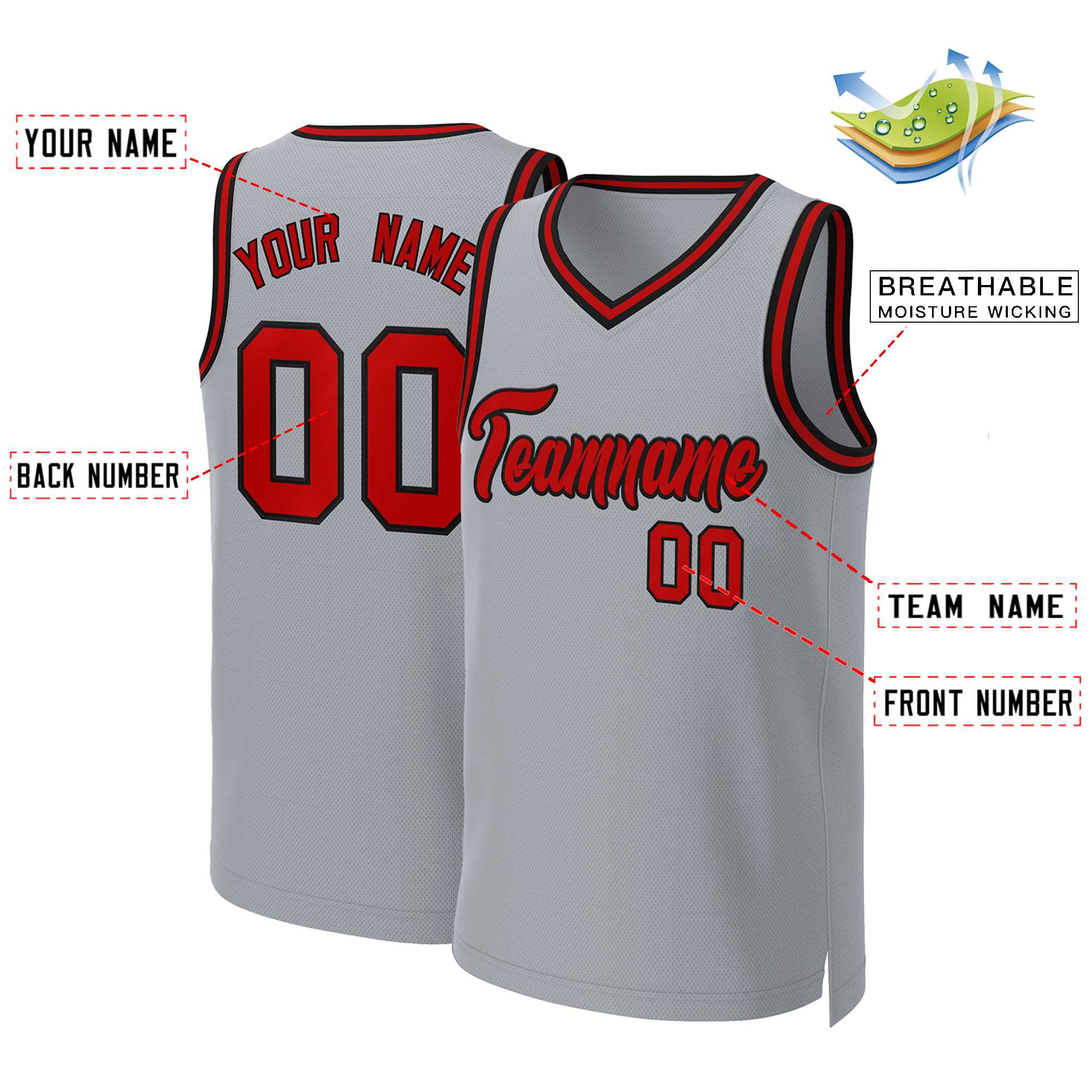 Custom Gray Red-Black Classic Tops Basketball Jersey - Image 2