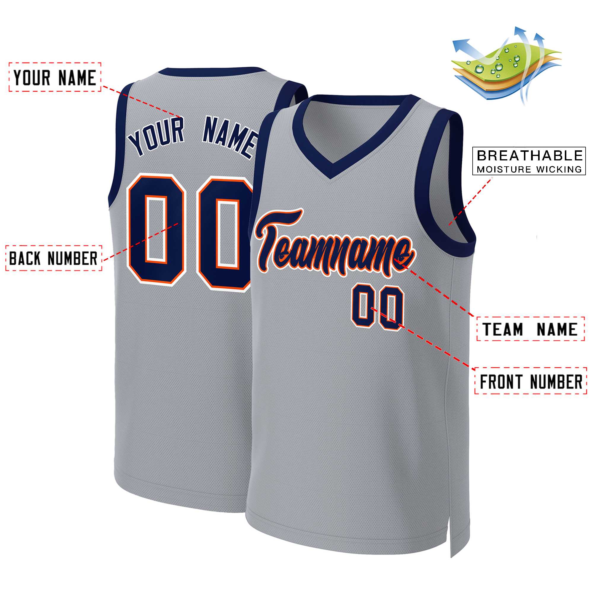 Custom Gray Navy-Orange Classic Tops Basketball Jersey - Image 2