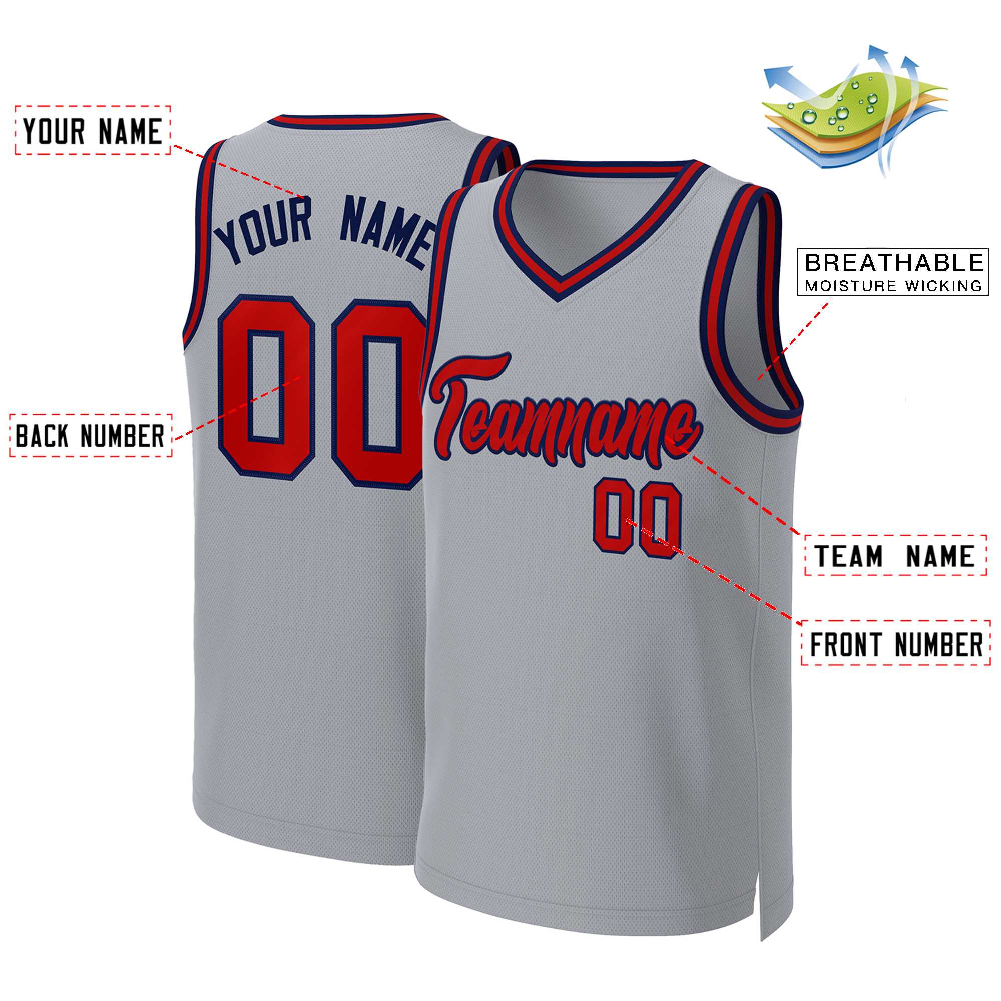 Custom Gray Red-Navy Classic Tops Basketball Jersey - Image 2