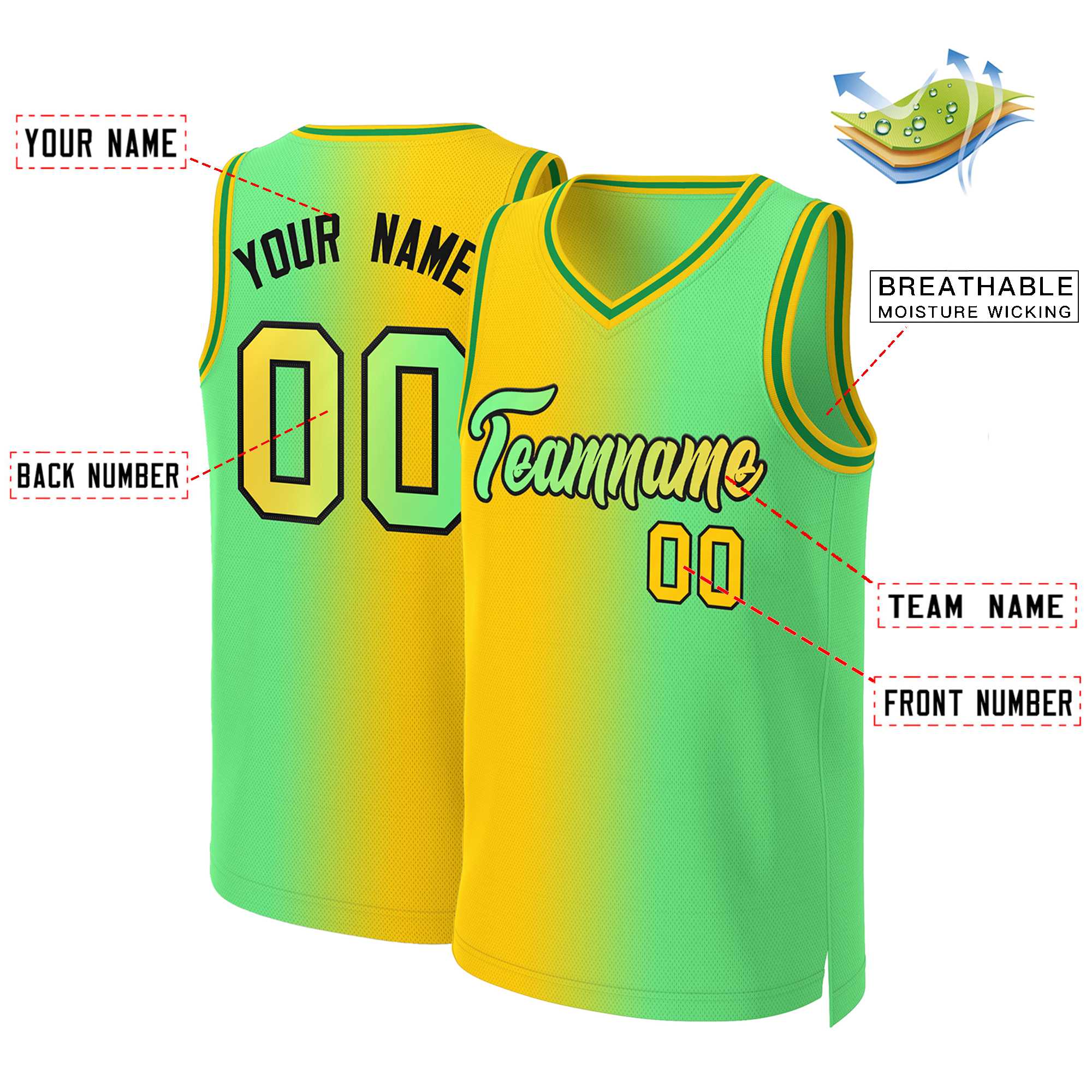Custom Yellow Neon Green-Black Gradient Fashion Tops Basketball Jersey - Image 2