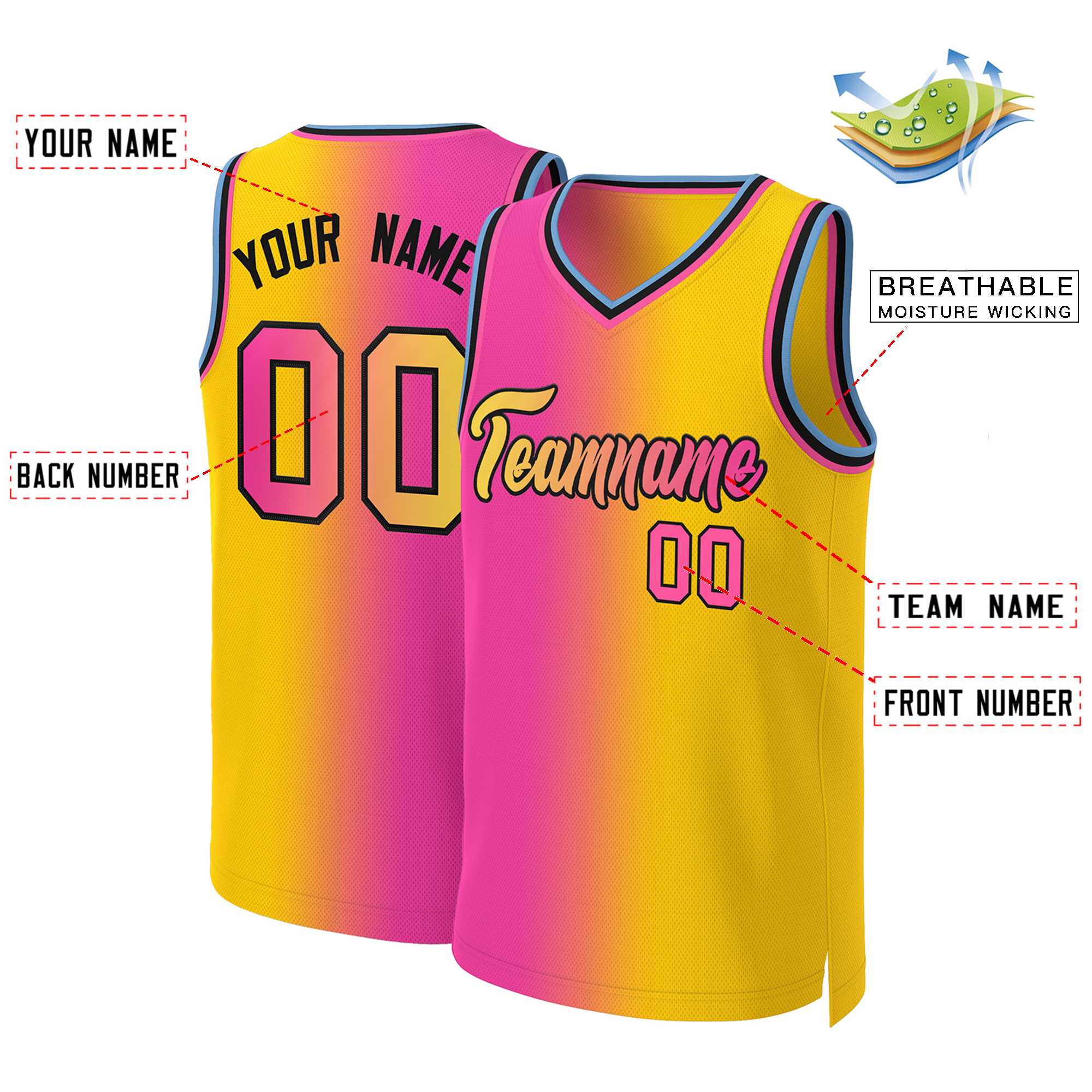 Custom Pink Yellow-Black Gradient Fashion Tops Basketball Jersey - Image 2