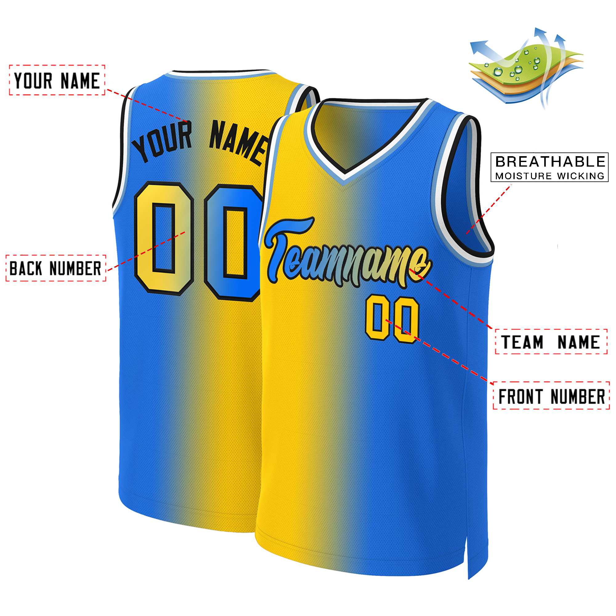 Custom Yellow Blue-Black Gradient Fashion Tops Basketball Jersey - Image 2