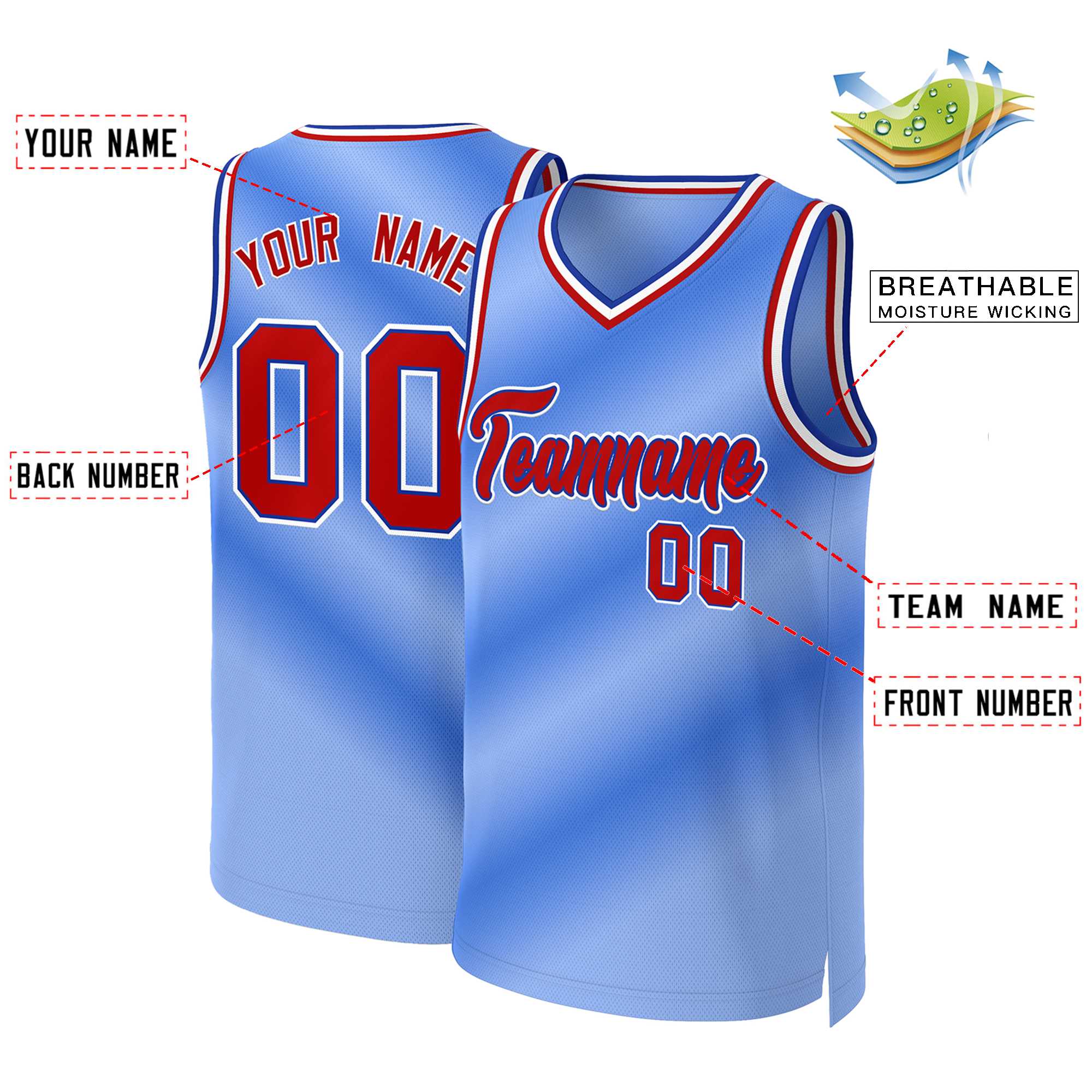 Custom Light Blue Red-Royal Gradient Fashion Tops Basketball Jersey - Image 2