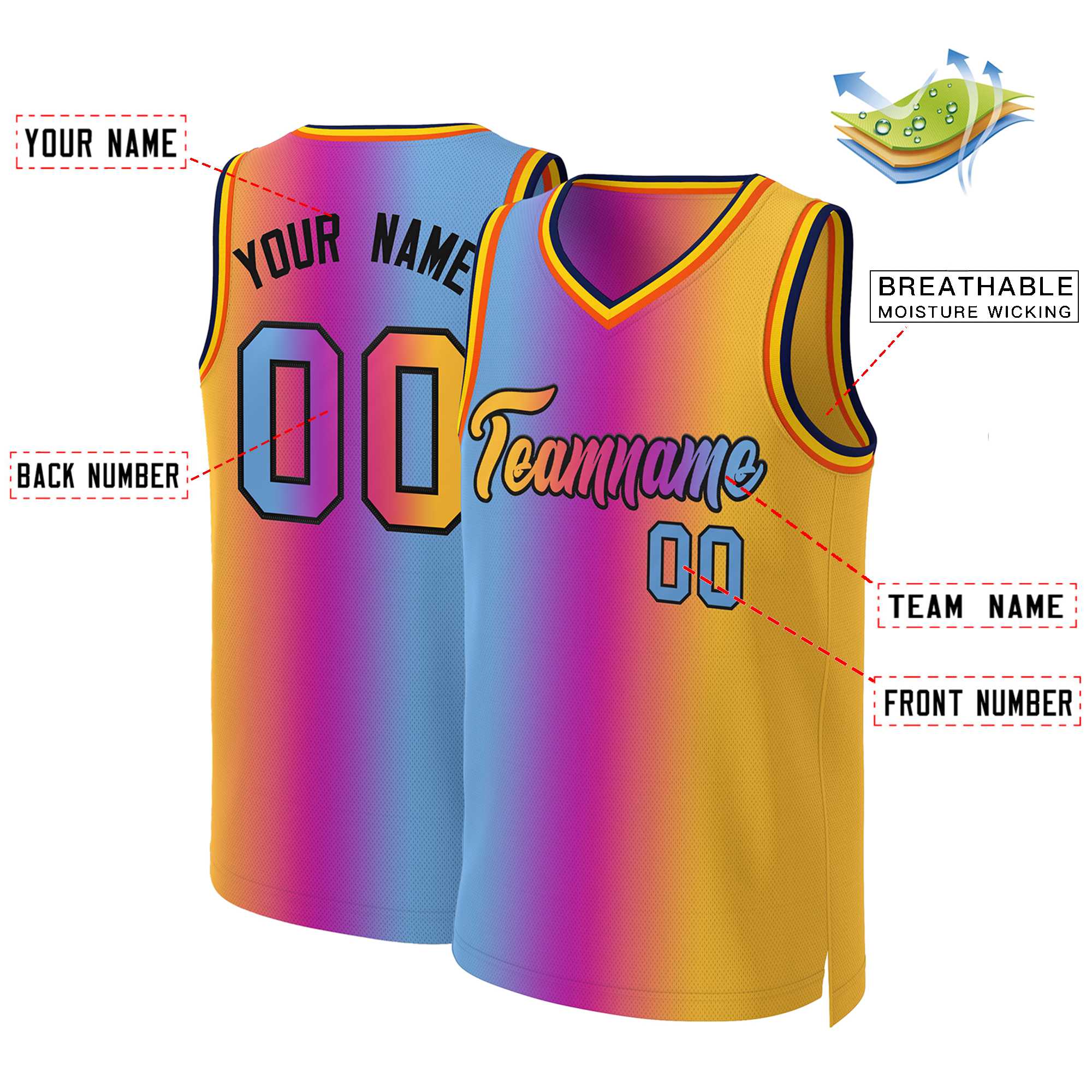 Custom Pink Yellow-Black Gradient Fashion Tops Basketball Jersey - Image 2