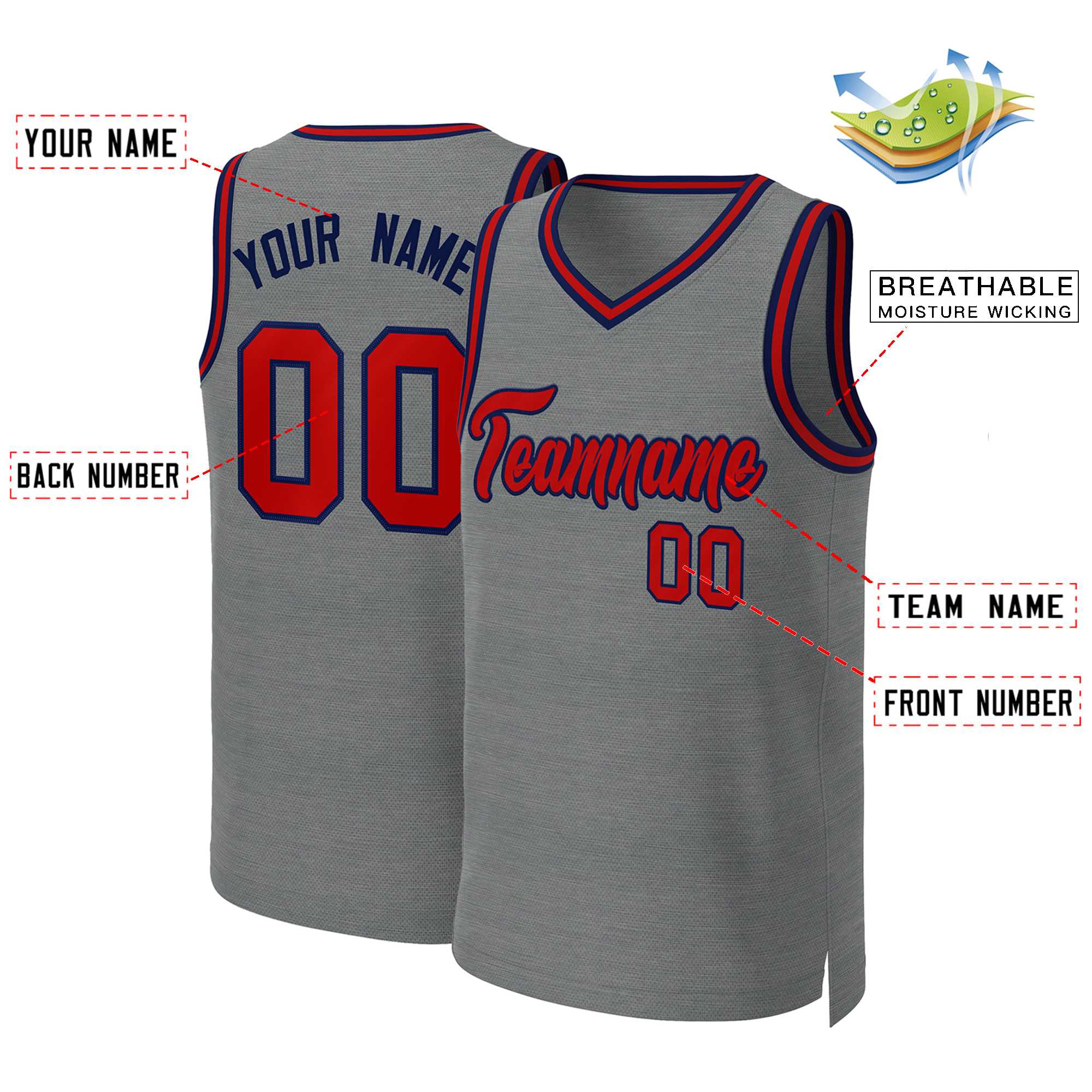 Custom Dark Gray Red-Navy Classic Tops Basketball Jersey - Image 2