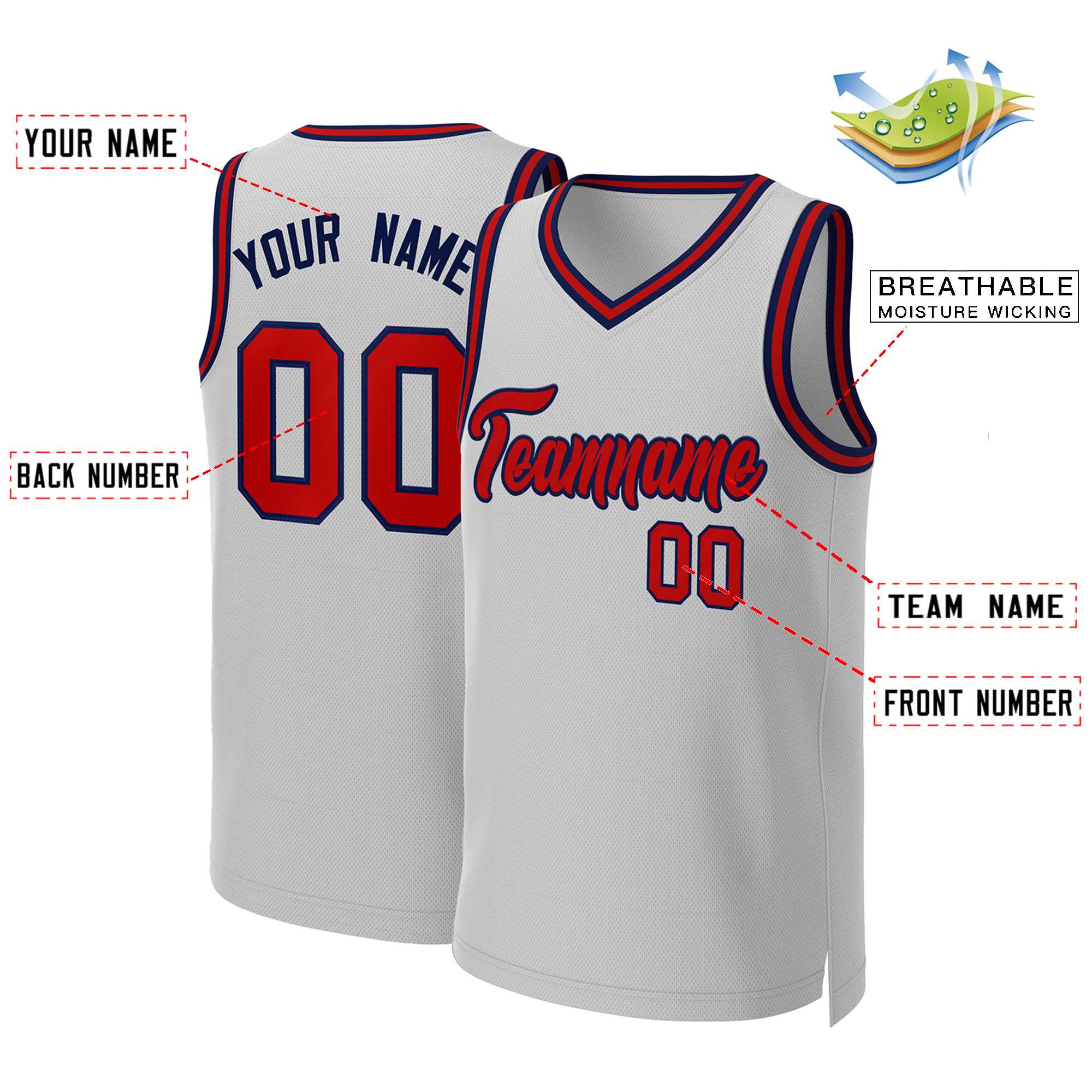 Custom Gray Red-Navy Classic Tops Basketball Jersey - Image 2