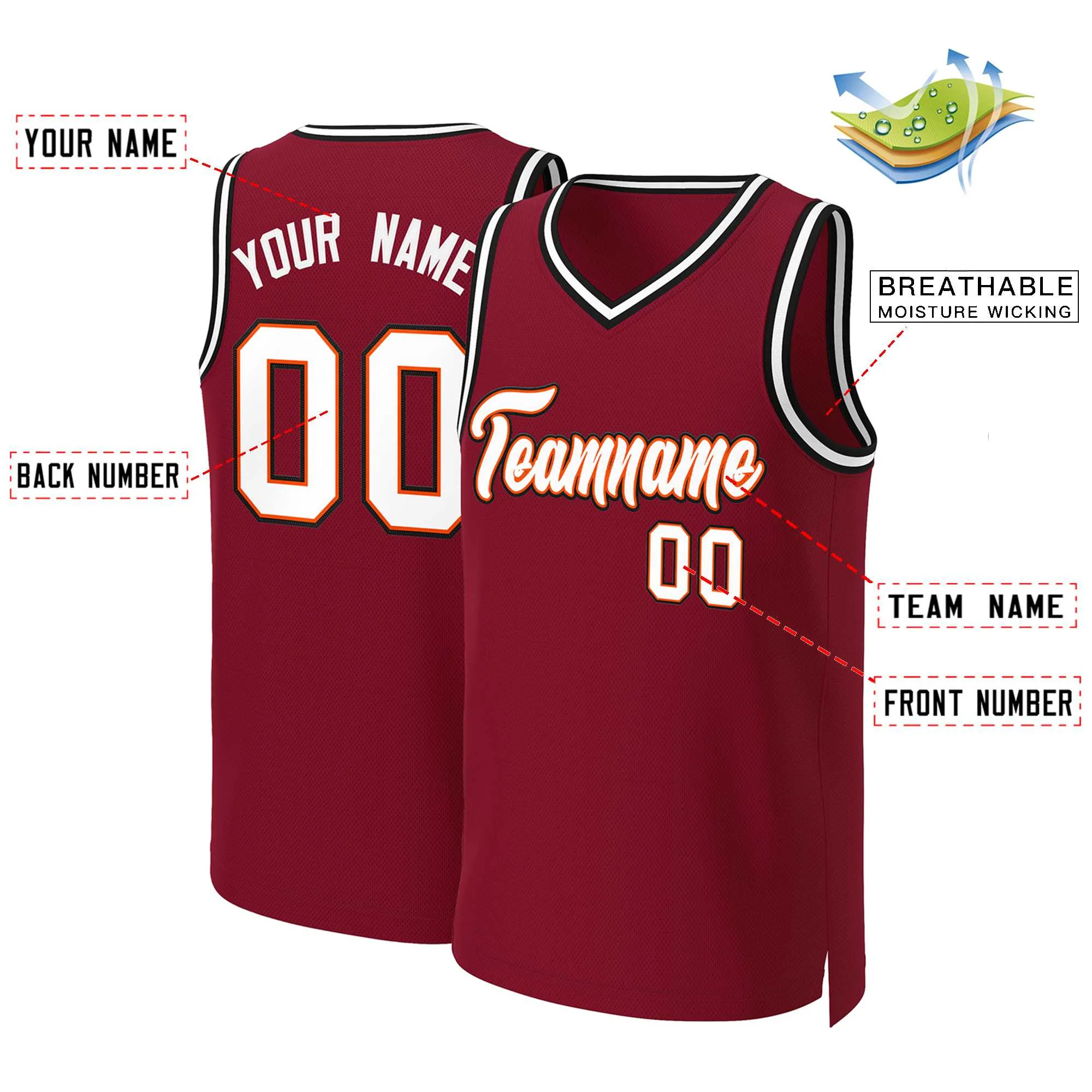 Custom Maroon White-Orange Classic Tops Basketball Jersey - Image 2