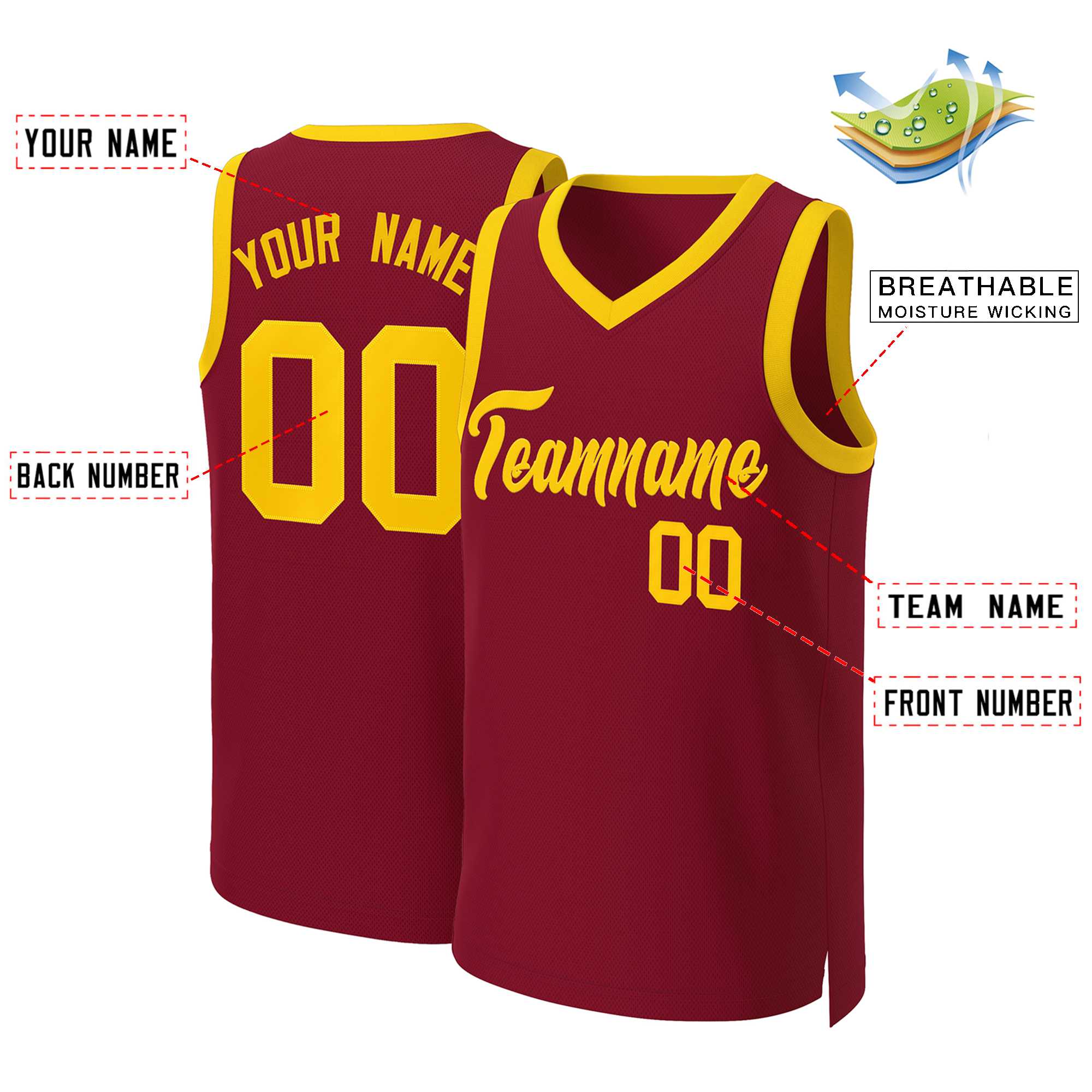 Custom Maroon Yellow Classic Tops Basketball Jersey - Image 2