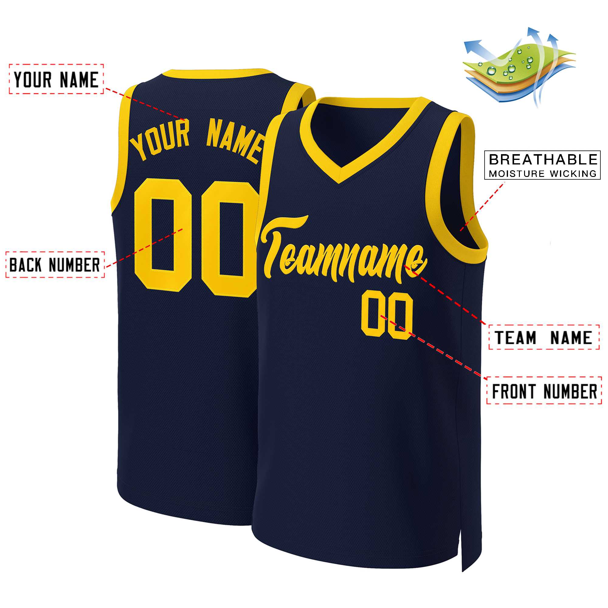 Custom Navy Yellow Classic Tops Basketball Jersey - Image 2