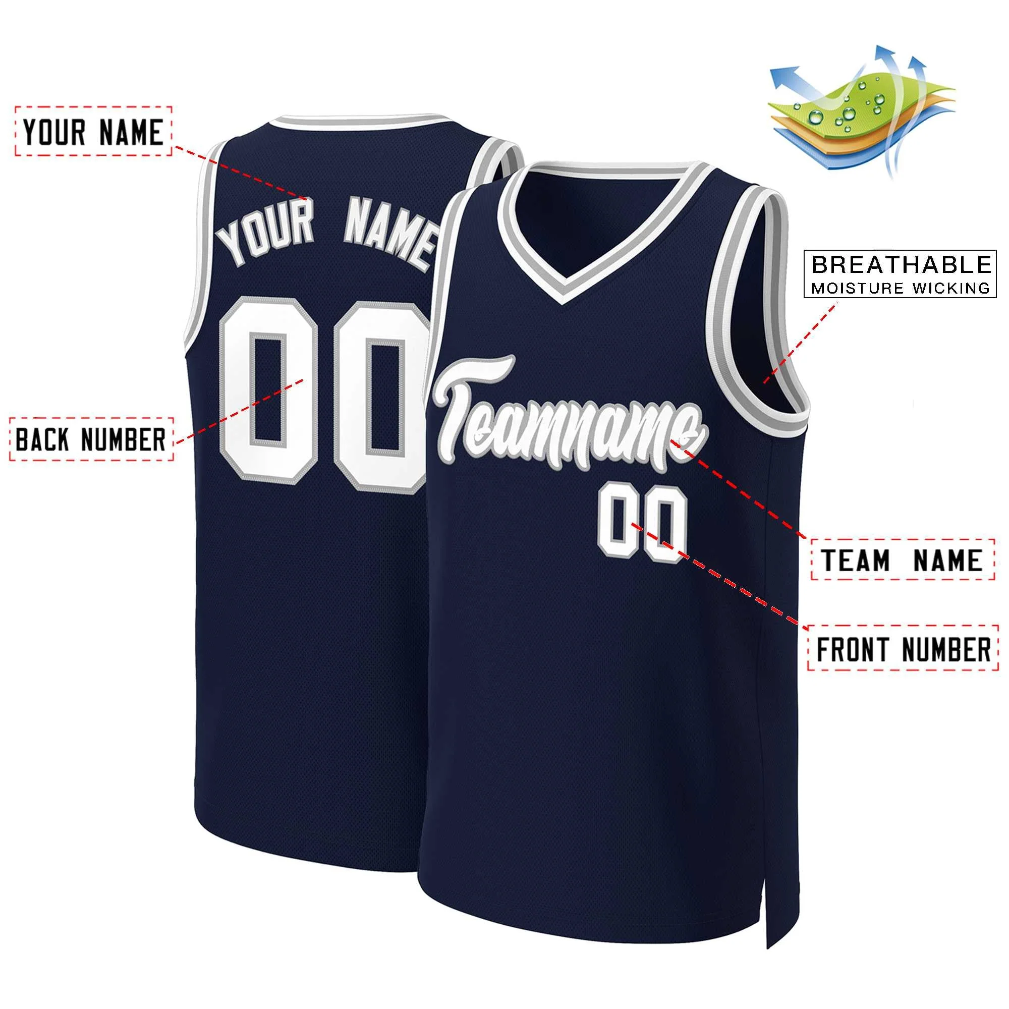 Custom Navy White-Gray Classic Tops Basketball Jersey - Image 2