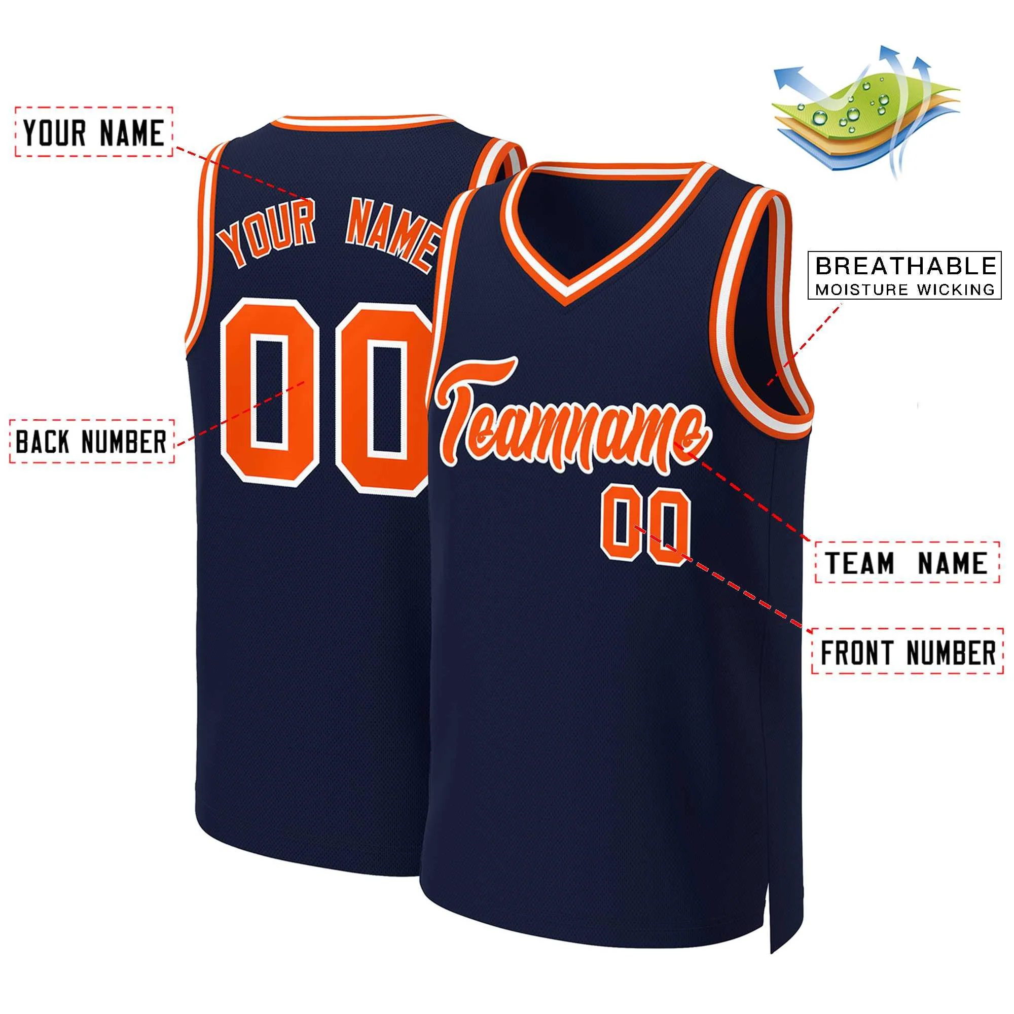 Custom Navy Orange-White Classic Tops Basketball Jersey - Image 2