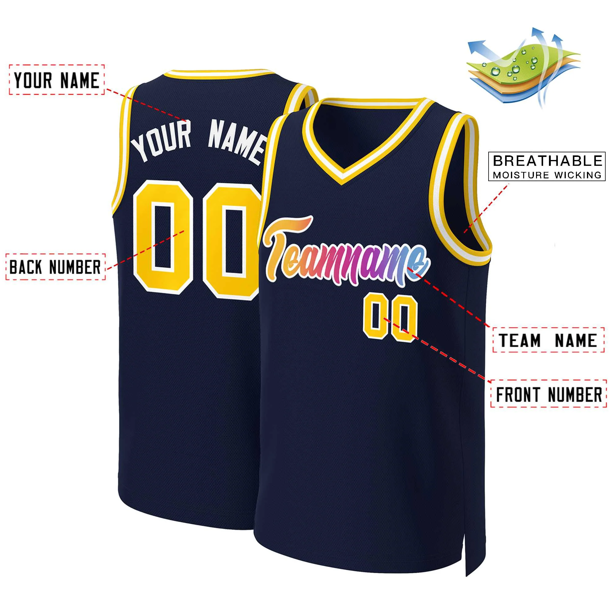 Custom Navy Yellow-White Classic Gradient Fashion Tops Basketball Jersey - Image 2