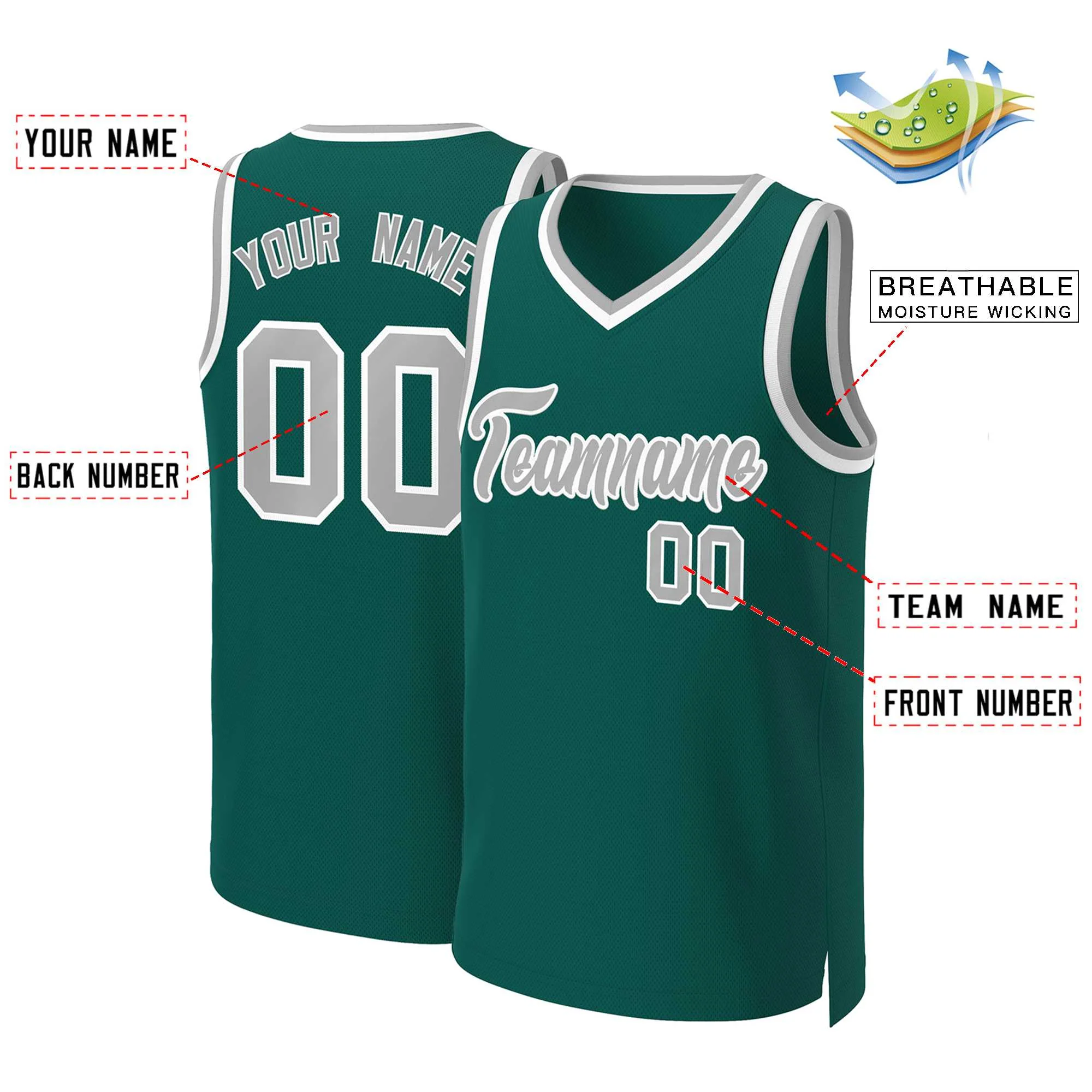 Custom Aqua Gray-White Classic Tops Basketball Jersey - Image 2