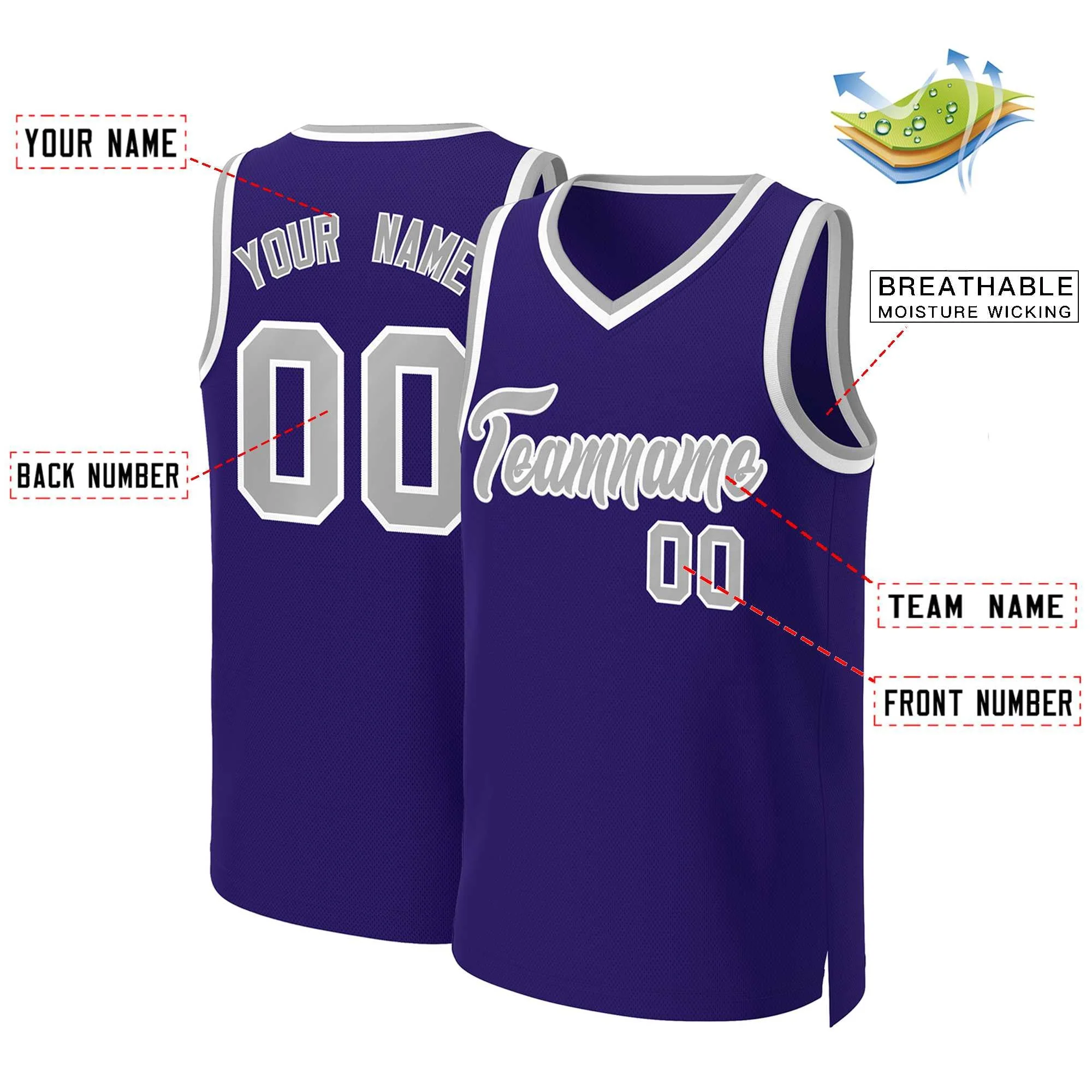 Custom Purple Gray-White Classic Tops Basketball Jersey - Image 2