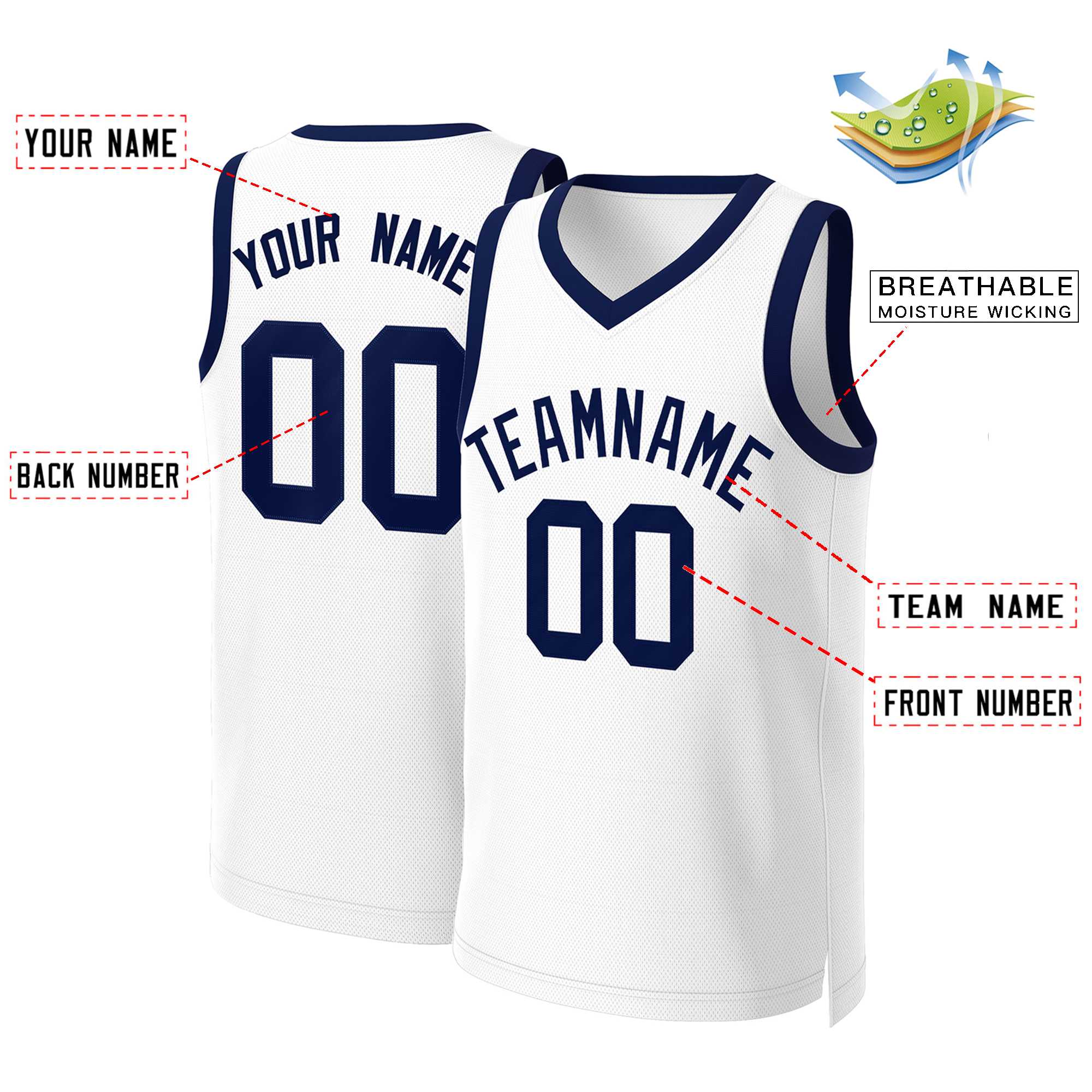 Custom White Navy Blue Classic Tops Basketball Jersey - Image 2