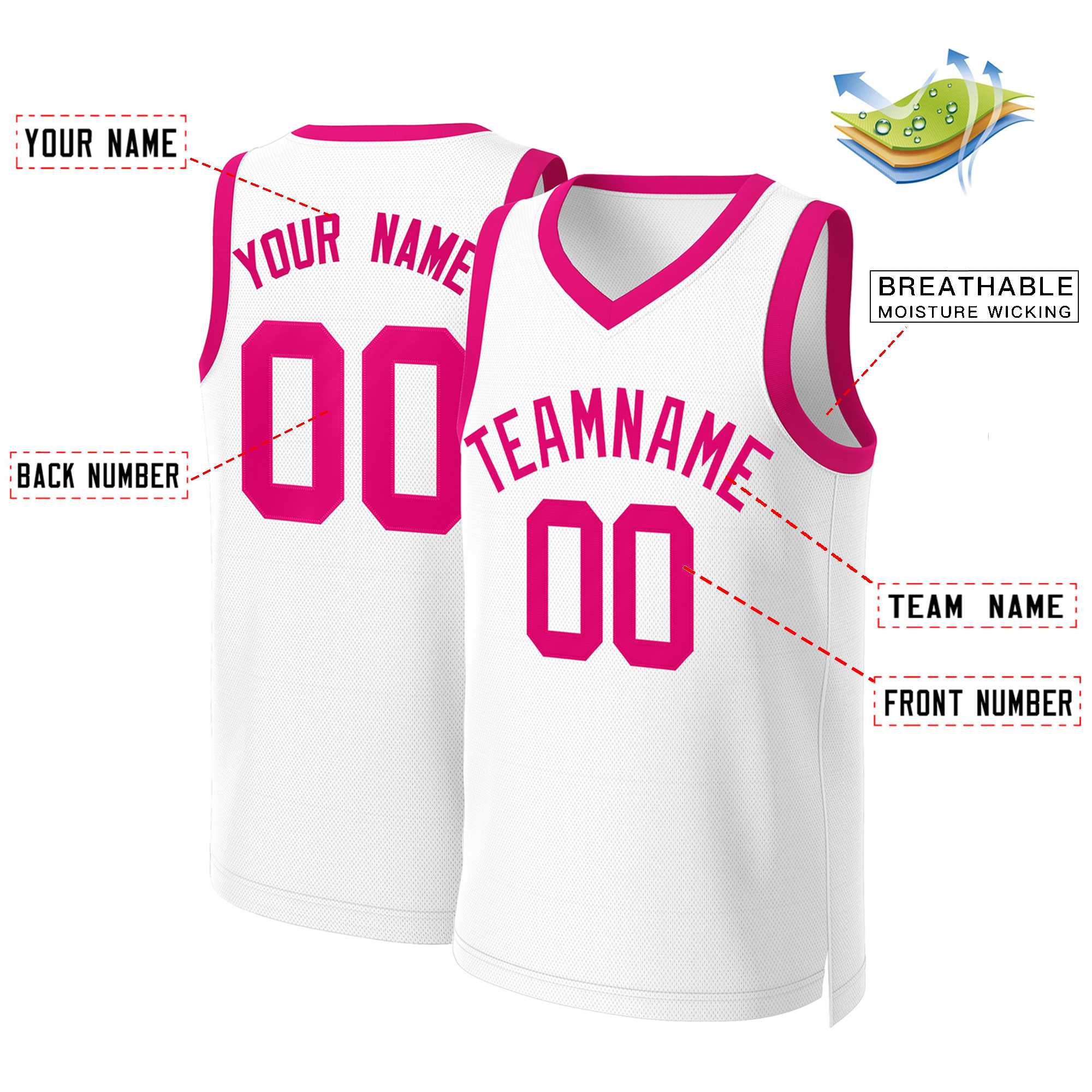 Custom White Pink Classic Tops Basketball Jersey - Image 2