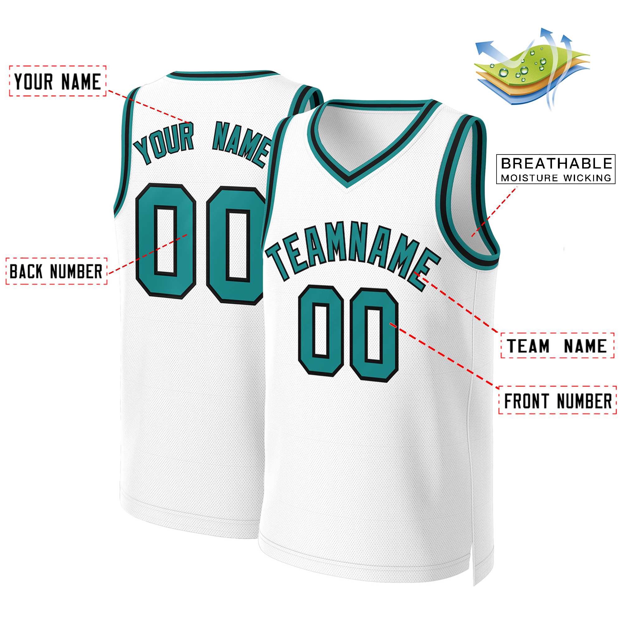 Custom White Teal-Black Classic Tops Basketball Jersey - Image 2