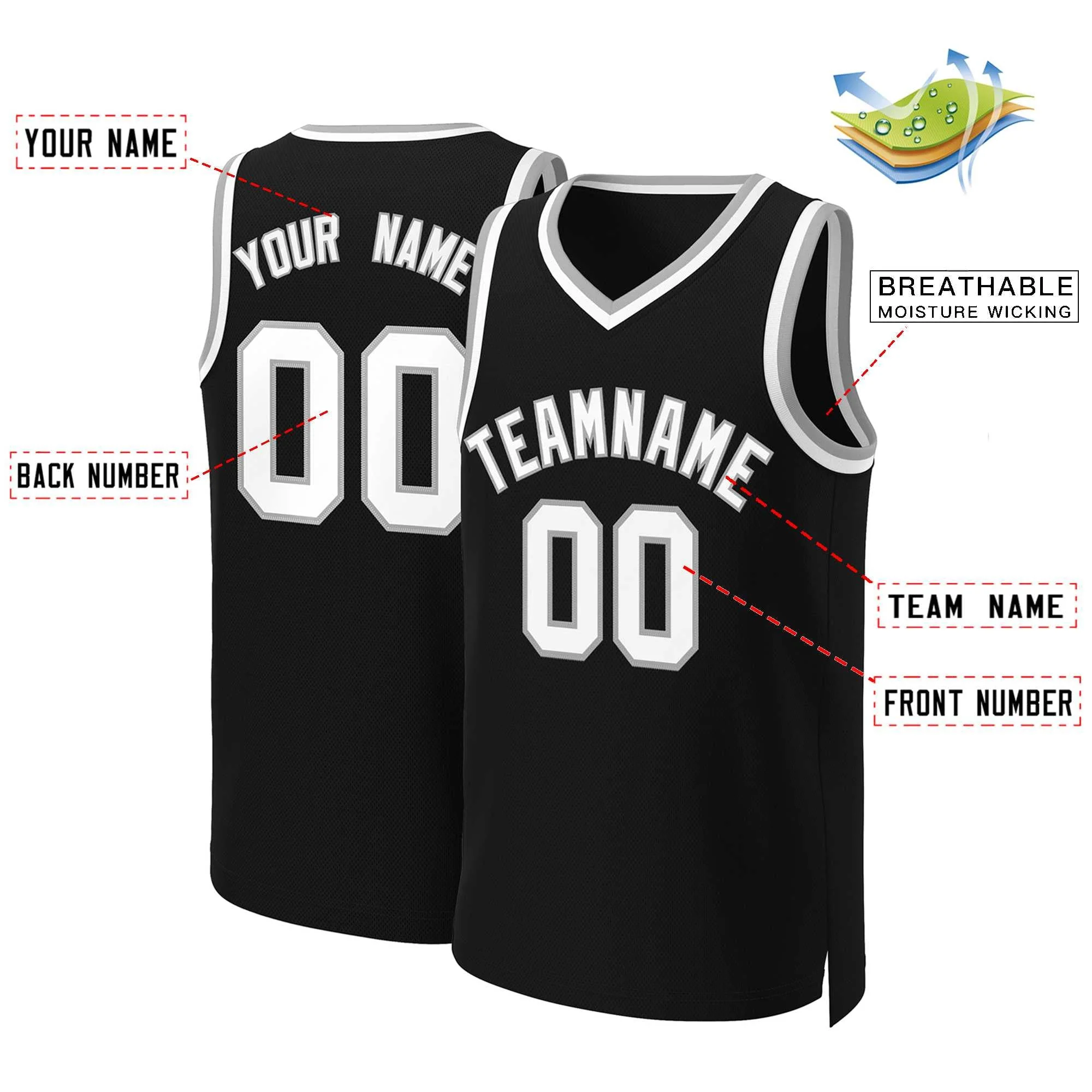 Custom Black White-Gray Classic Tops Basketball Jersey - Image 2
