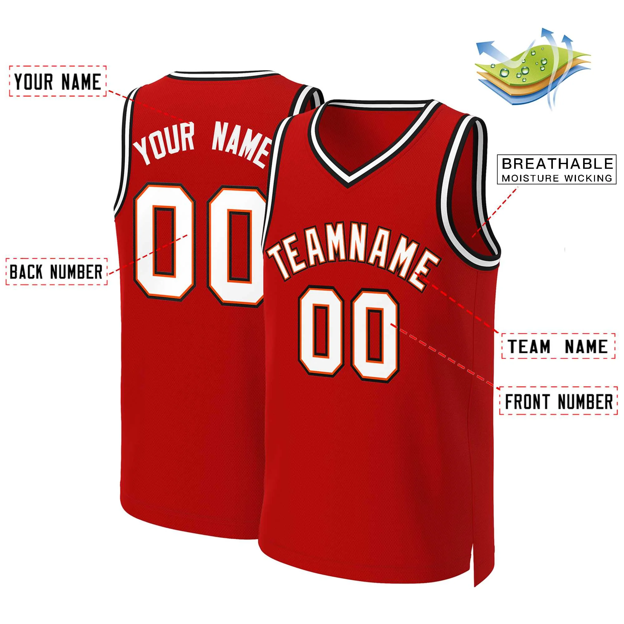 Custom Red White-Orange Classic Tops Basketball Jersey - Image 2