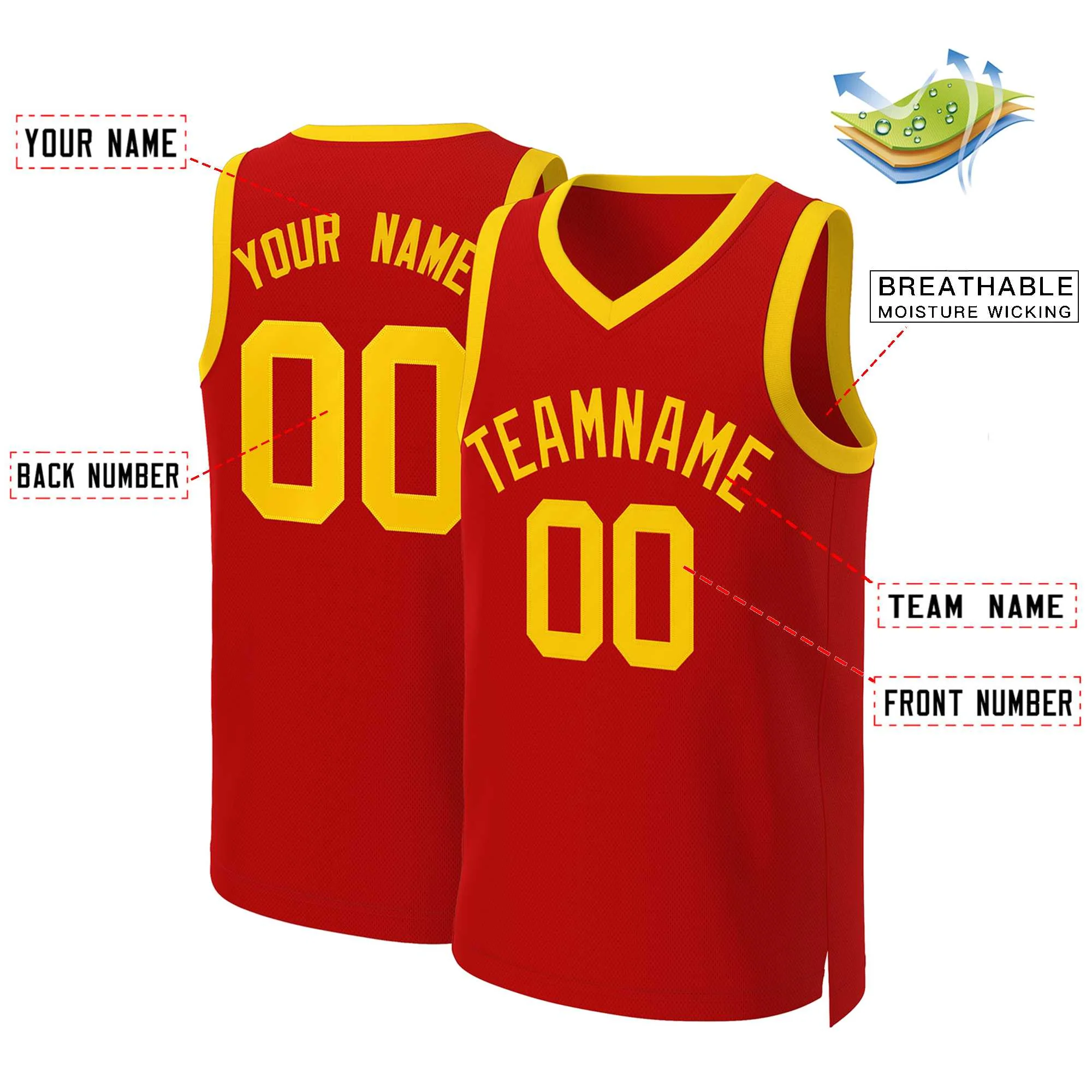 Custom Red Yellow Classic Tops Basketball Jersey - Image 2