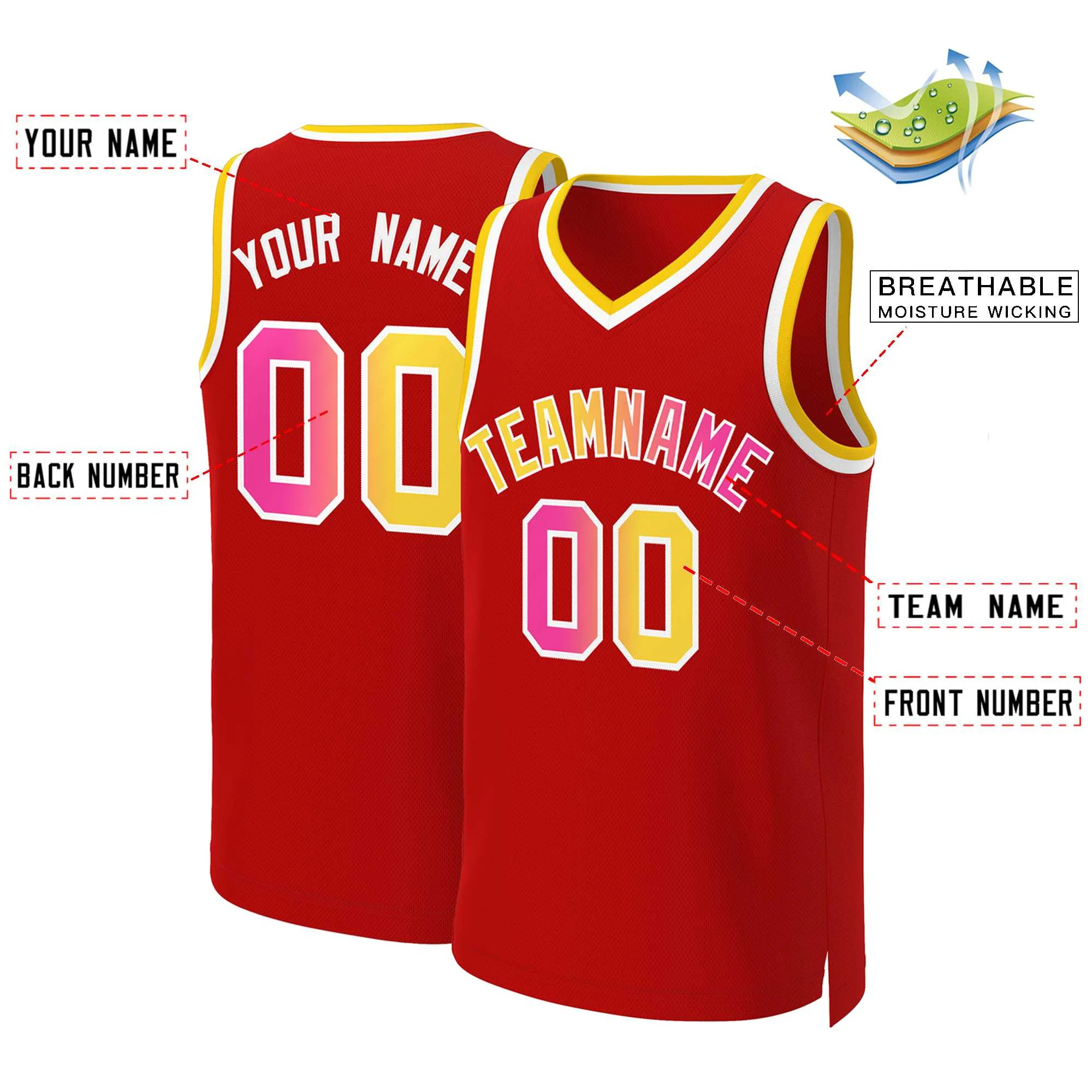 Custom Red Yellow-White Classic Gradient Fashion Tops Basketball Jersey - Image 2