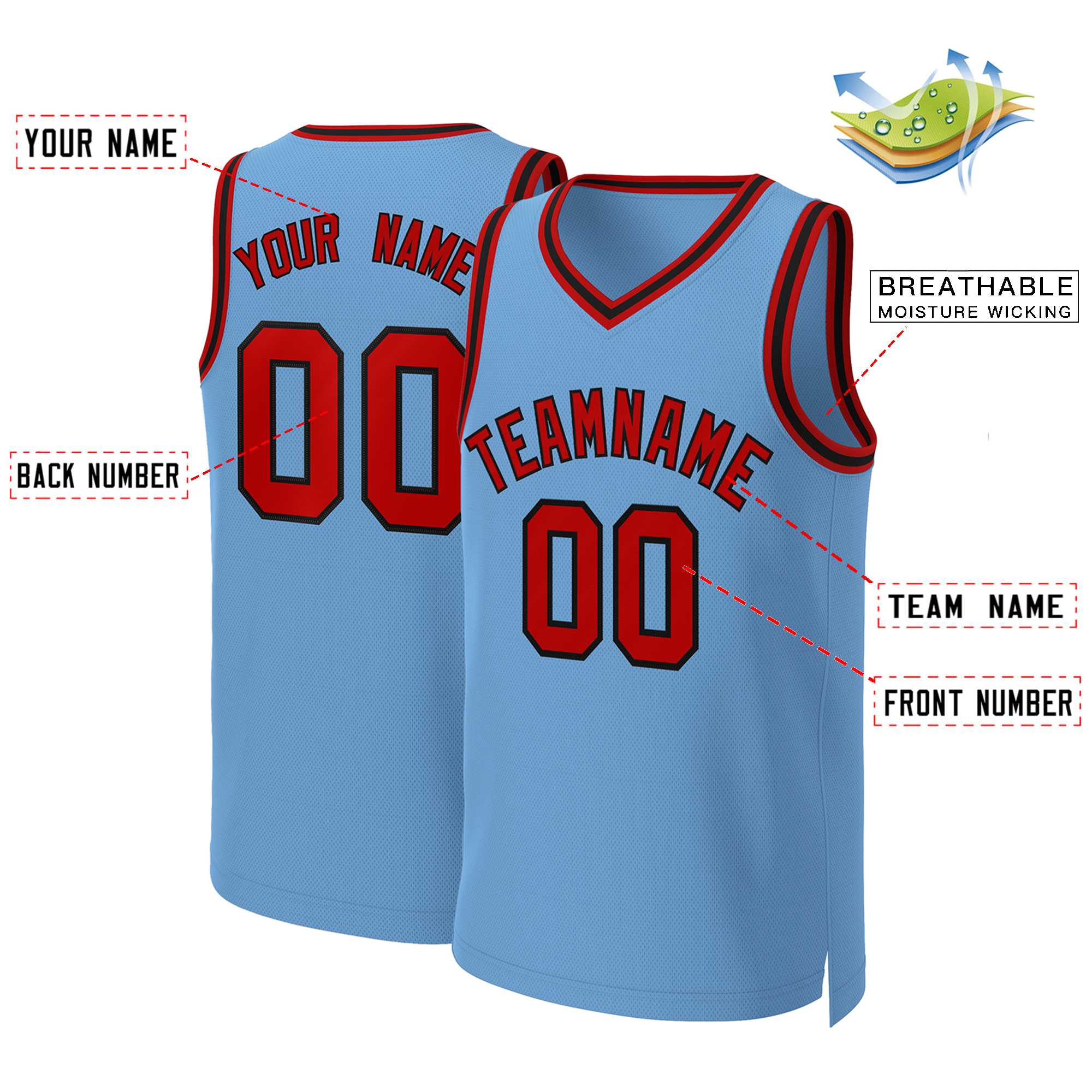 Custom Light Blue Red-Black Classic Tops Basketball Jersey - Image 2