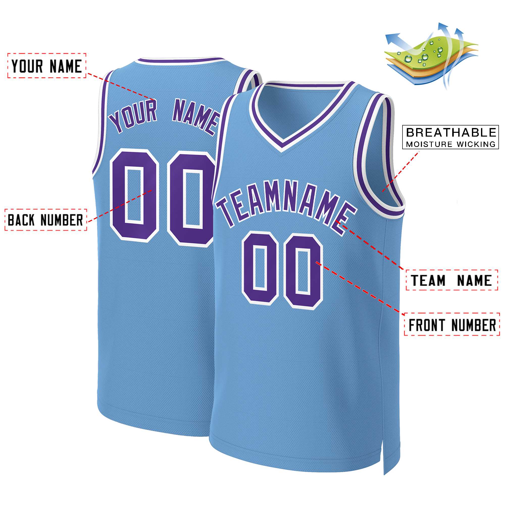 Custom Light Blue Purple-White Classic Tops Basketball Jersey - Image 2