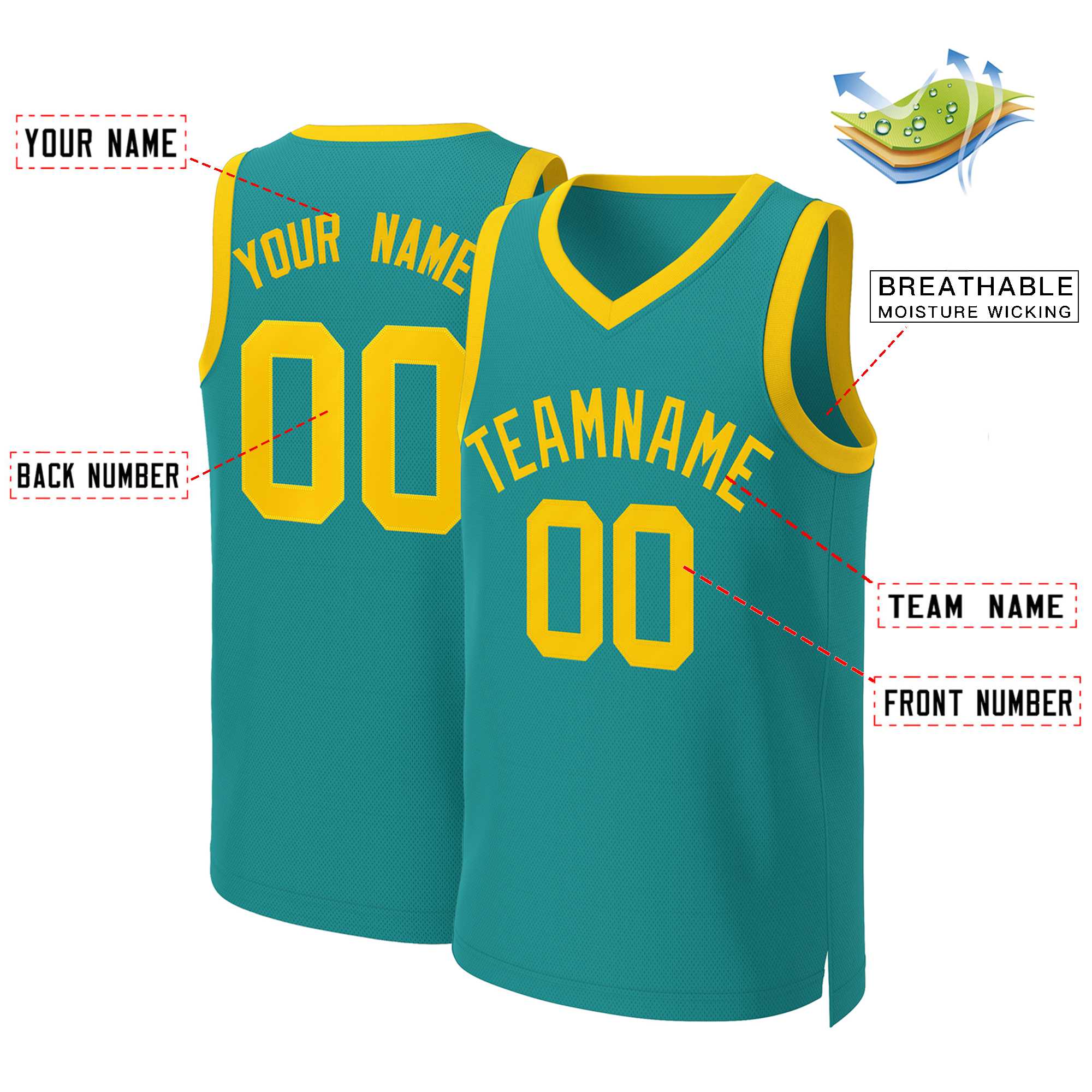 Custom Teal Yellow Classic Tops Basketball Jersey - Image 2