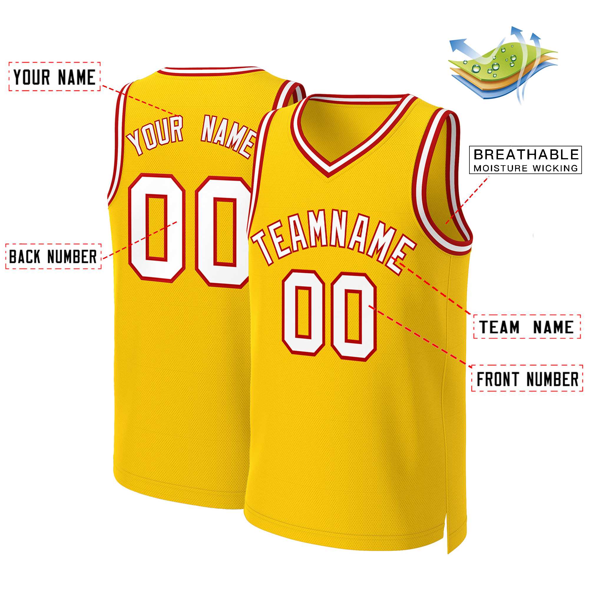 Custom Yellow White-Red Classic Tops Basketball Jersey - Image 2