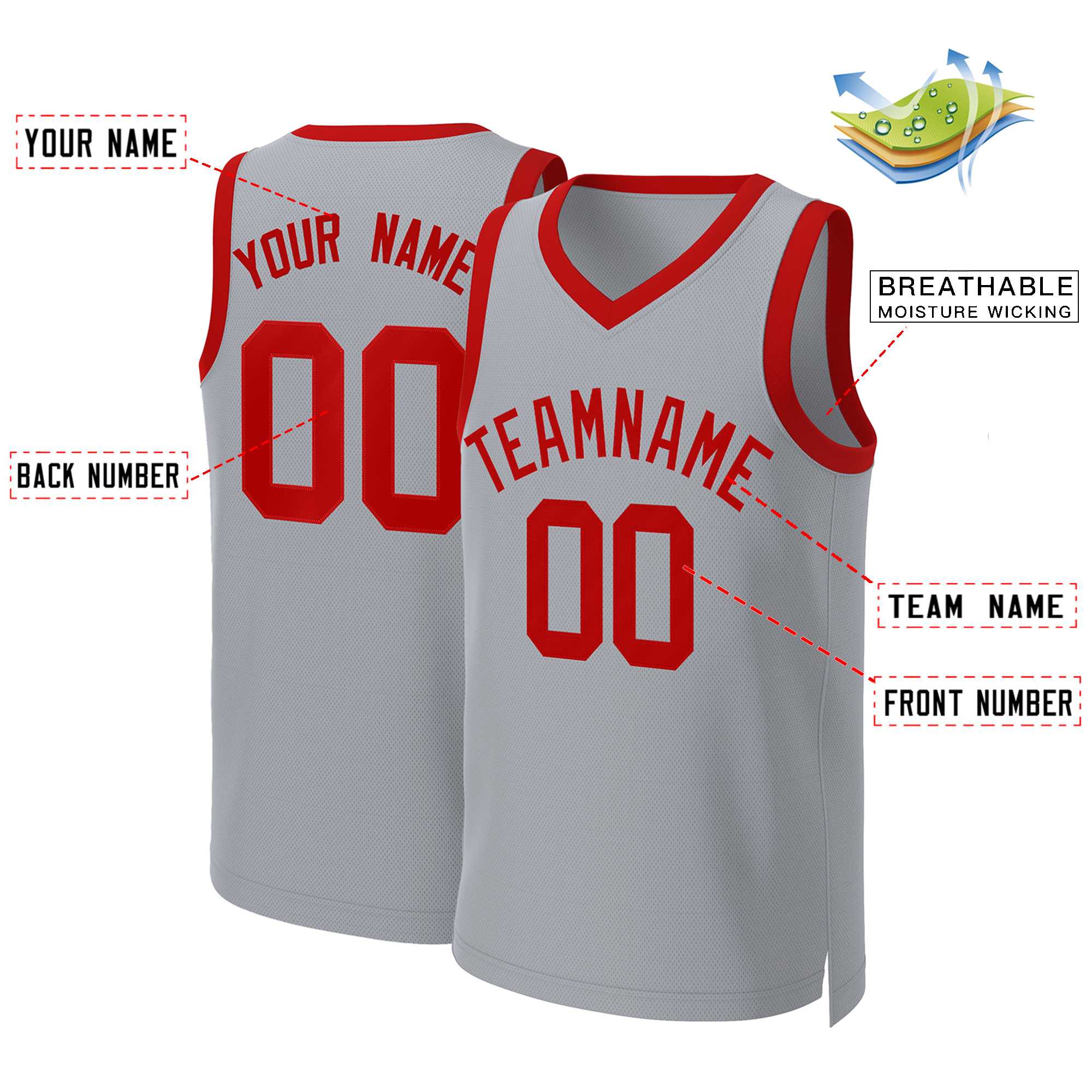 Custom Gray Red Classic Tops Basketball Jersey - Image 2
