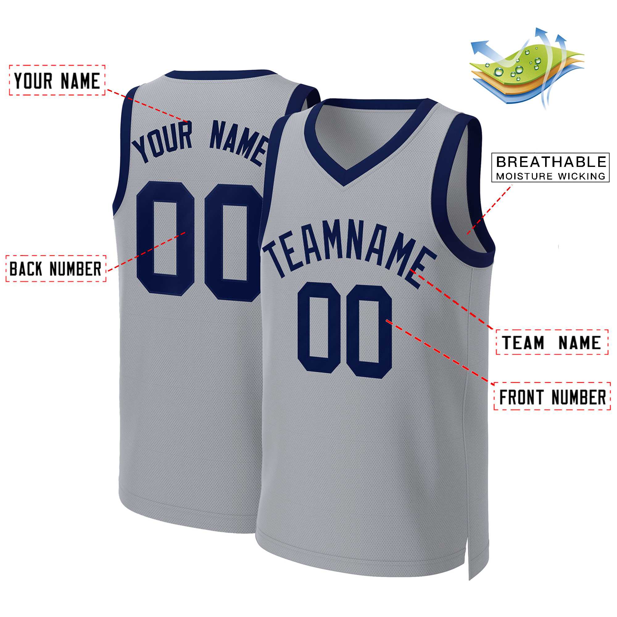 Custom Gray Navy Classic Tops Basketball Jersey - Image 2