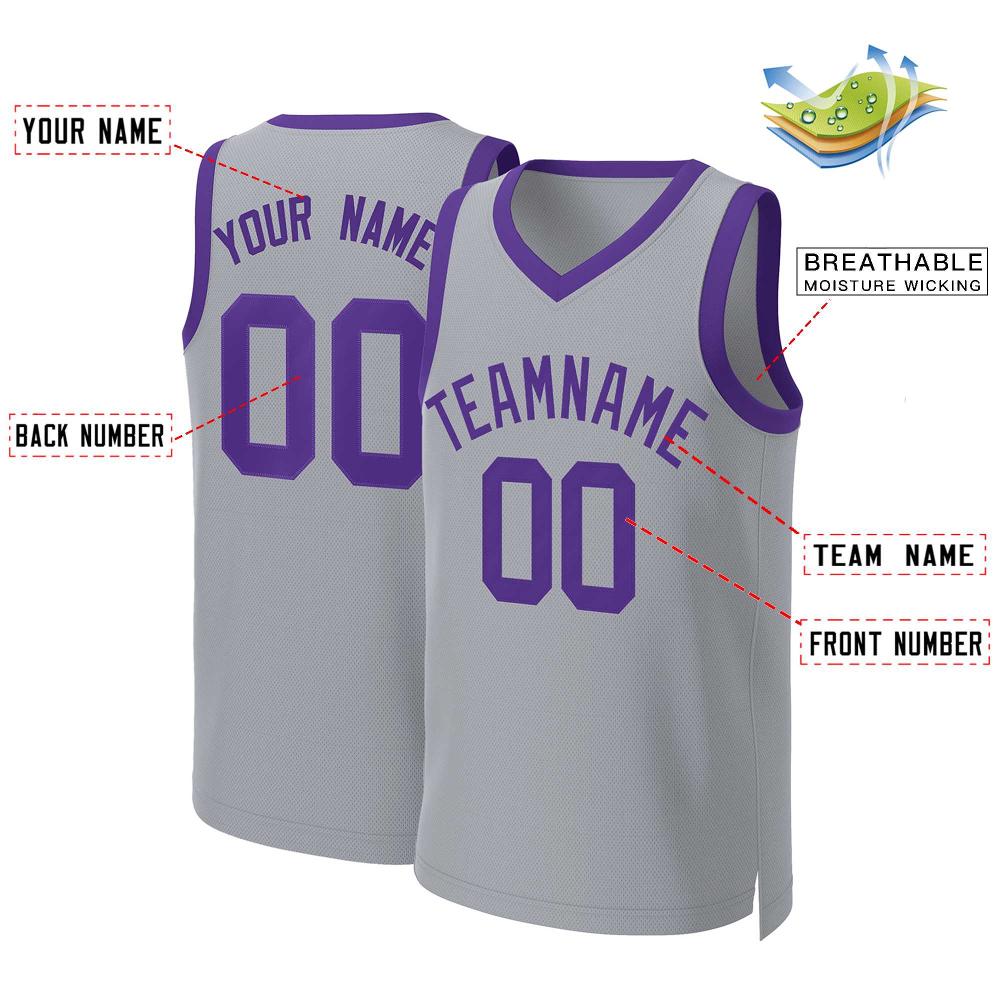 Custom Gray Purple Classic Tops Basketball Jersey - Image 2
