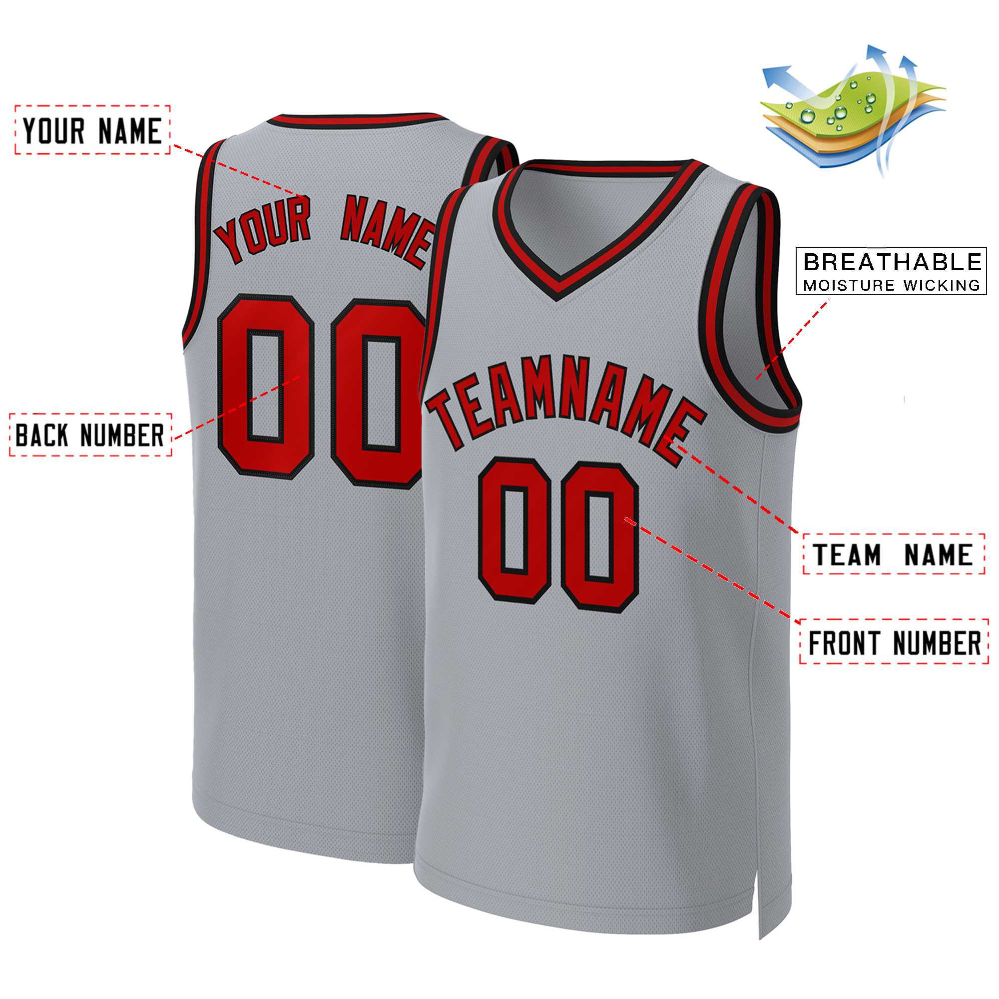 Custom Gray Red-Black Classic Tops Basketball Jersey - Image 2