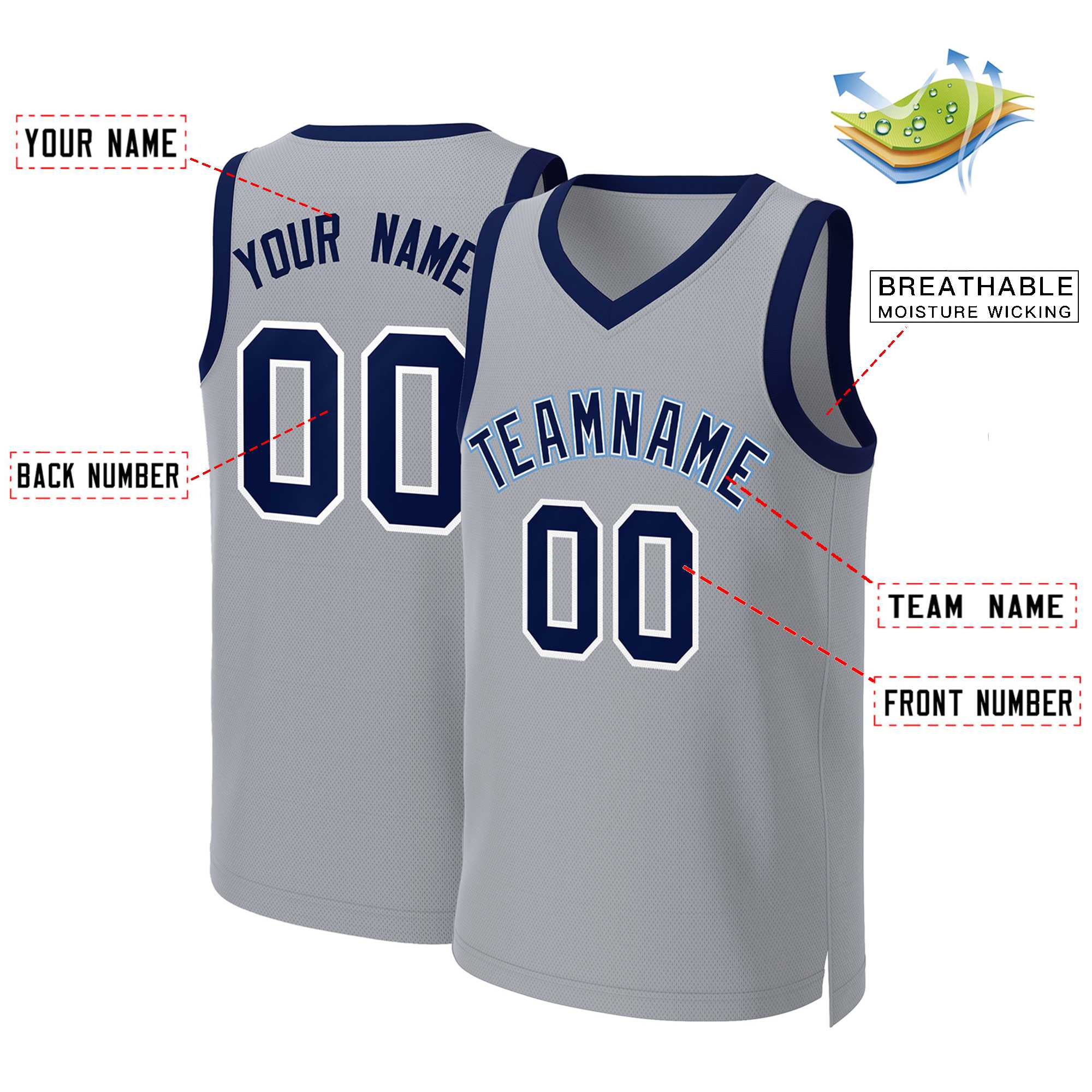 Custom Gray Navy-White Classic Tops Basketball Jersey - Image 2